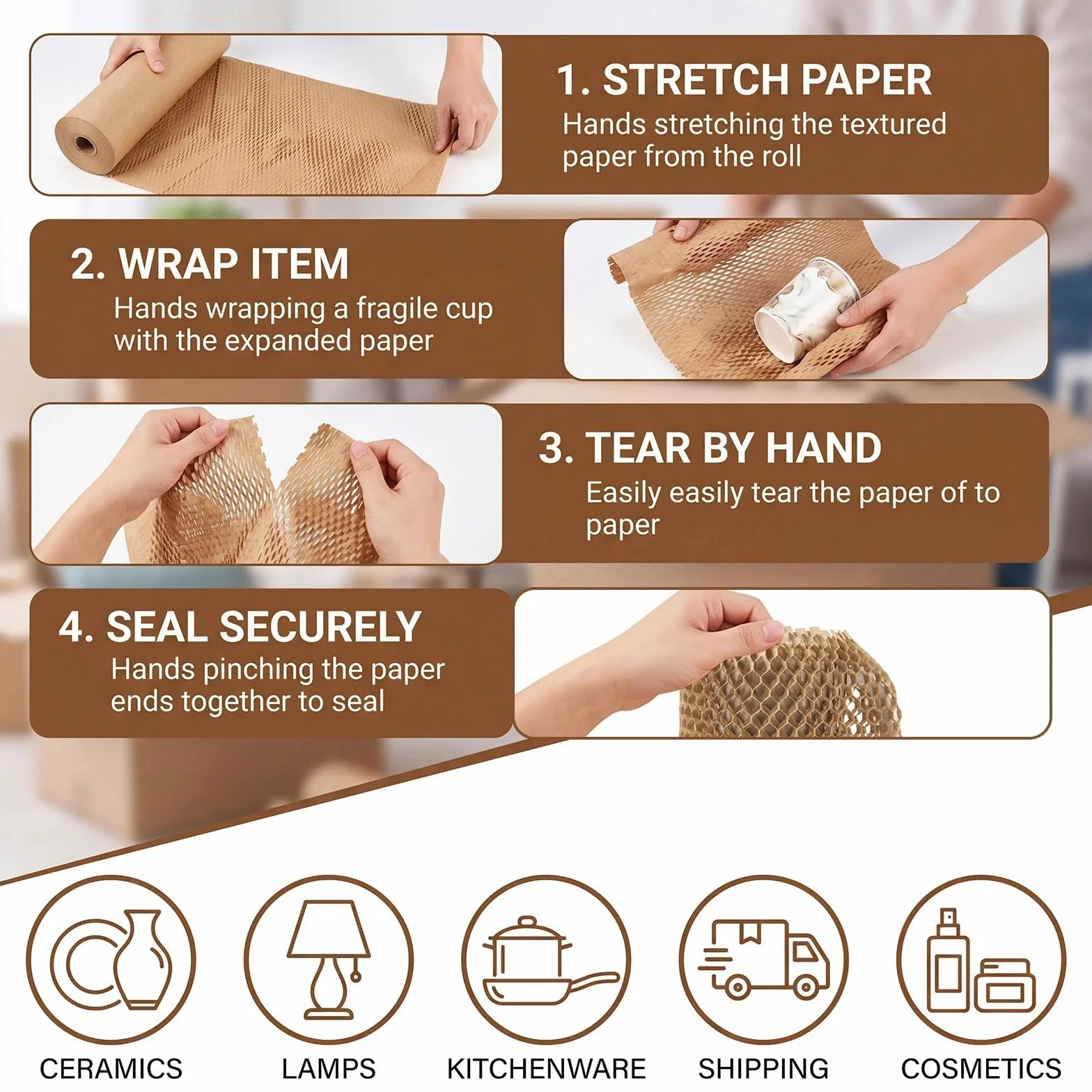 Papier d'emballage en nid d'abeille 30cm x 50m Rouleaux de Calage Recyclés pour Protection Objets Fragiles