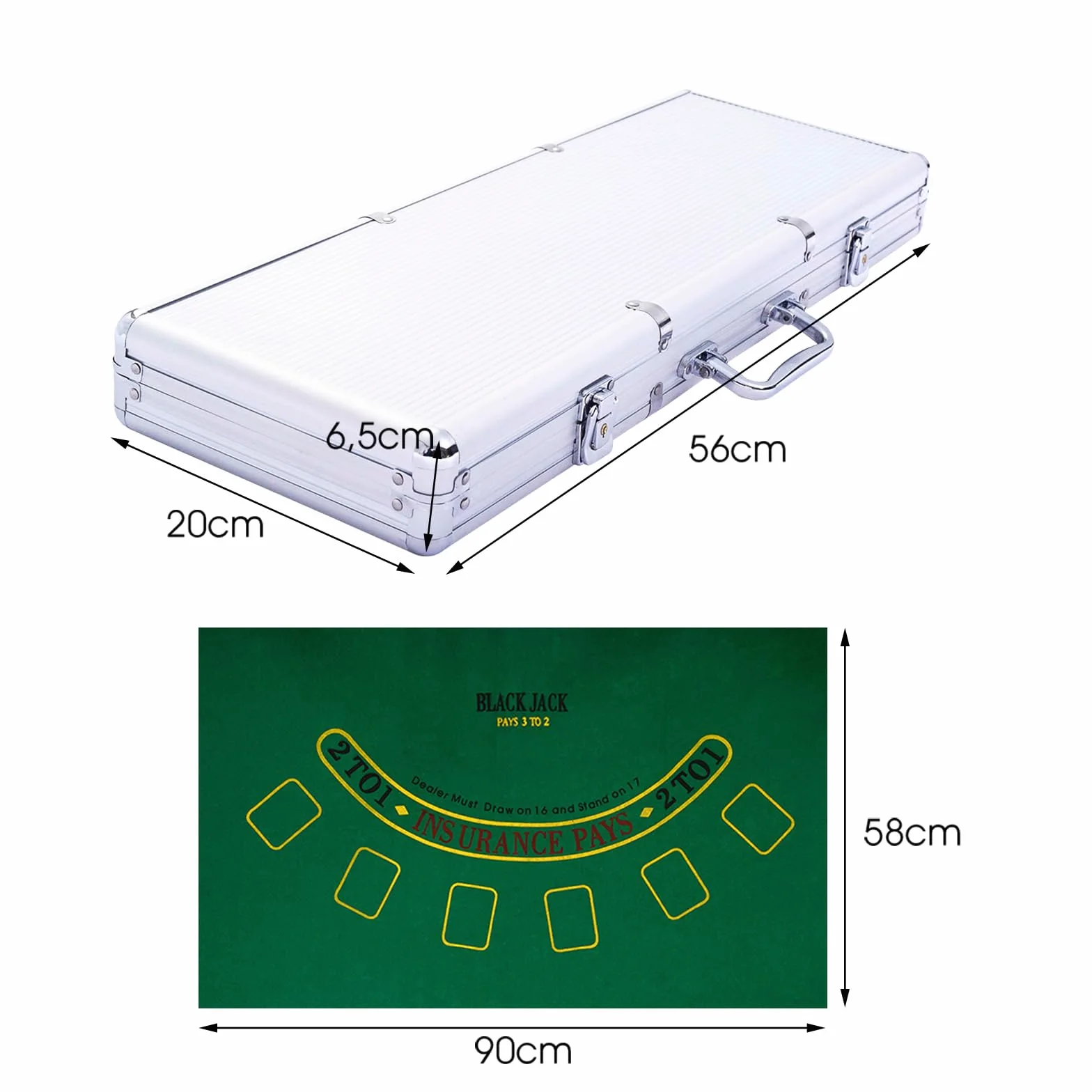HOMASIS Kit de poker avec 500 jetons, valise de poker avec 2 jeux de cartes, 5 dés, tapis de casino, 3 boutons de croupier, mallette de poker verrouillable professionnelle en aluminium, jeu complet de