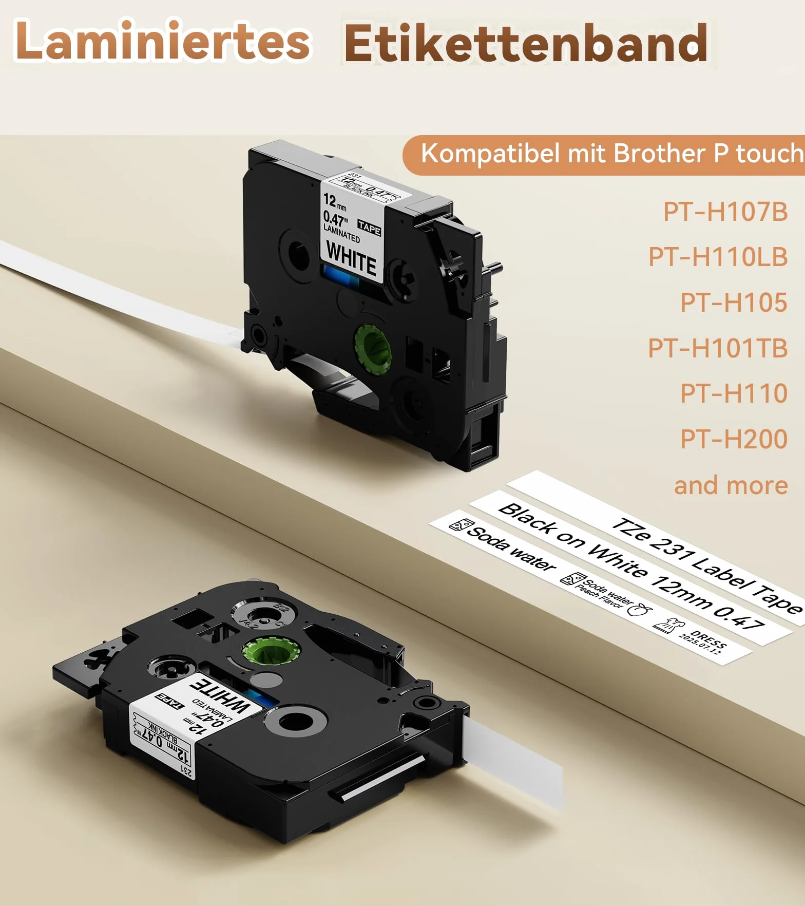 Ruban TZe-231 Laminated 12mm 0.47 White Compatible Brother P-touch PT-H110 H200 H100LB H107B H105 E110VP 1000 D210