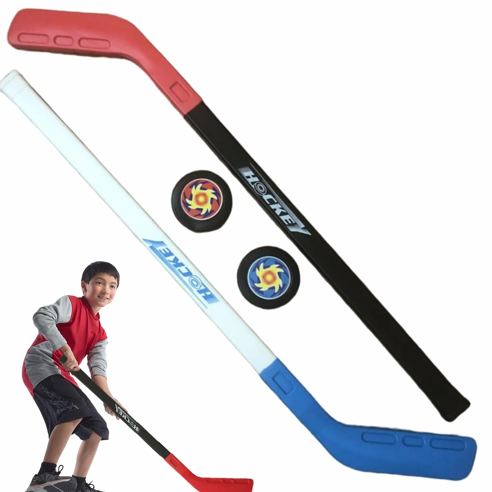Ensemble de Hockey pour Enfants, Bâton avec 2 Balles, Entraînement Intérieur Extérieur (Bleu Rouge)