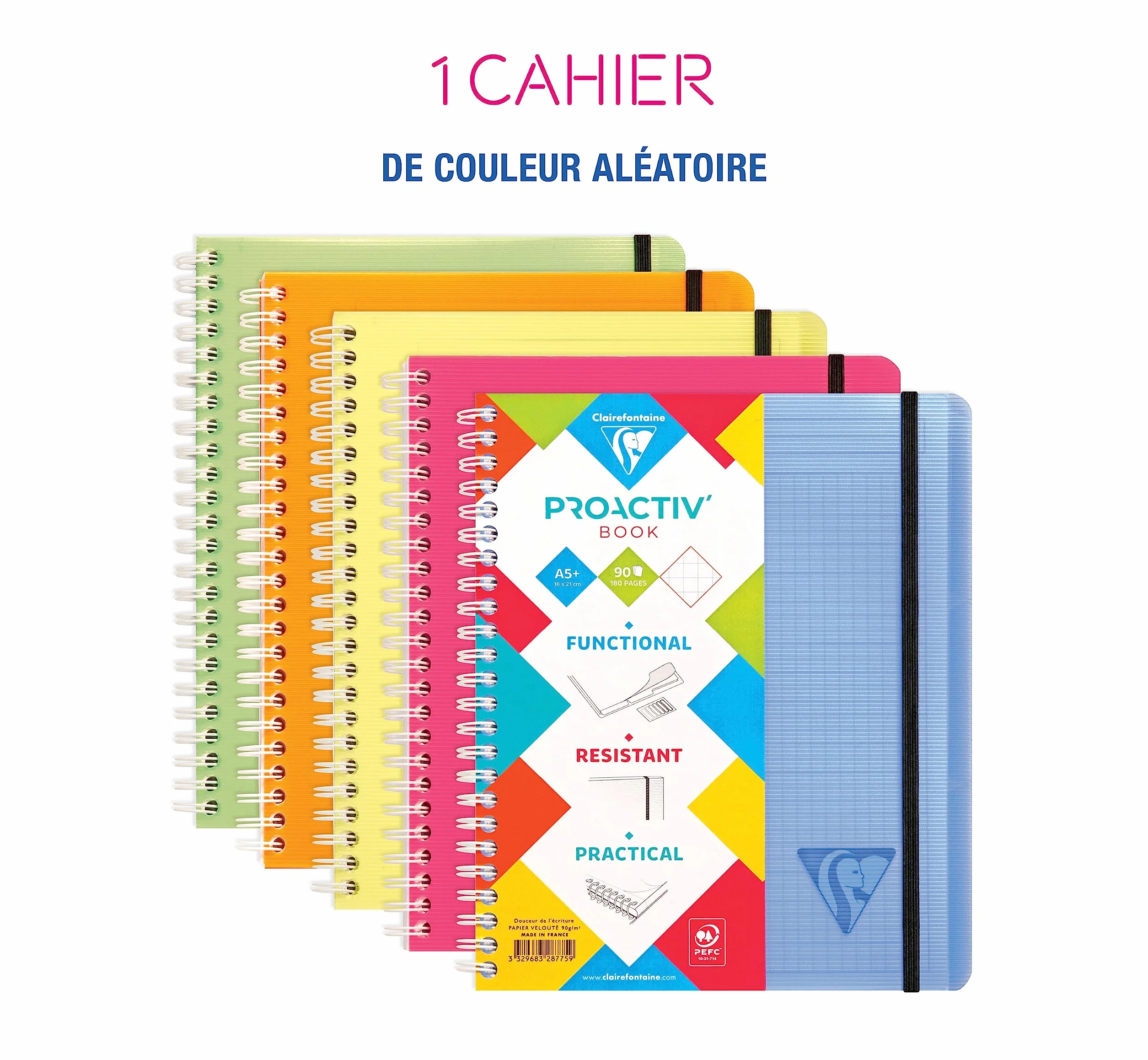 Clairefontaine Linicolor Fresh Proactiv'Book Cahier-Trieur à Spirale A5+ 16x21 cm 180 Pages Détachables Petits Carreaux Cadrées Papier Blanc 90 g Couverture Polypro