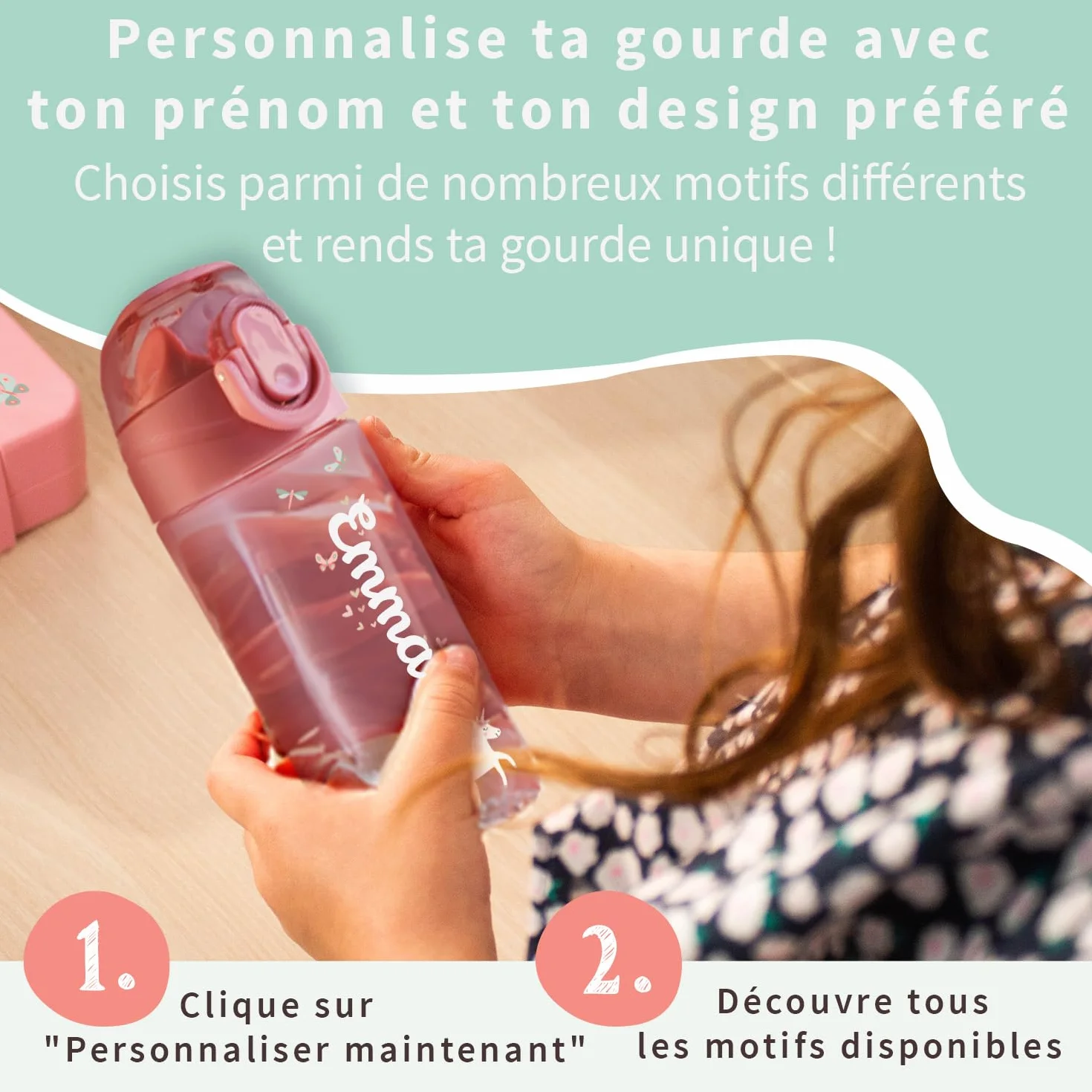 BIENMARQUER Gourde Personnalisable Enfant 450mL Bleu Clair Anti-Fuite