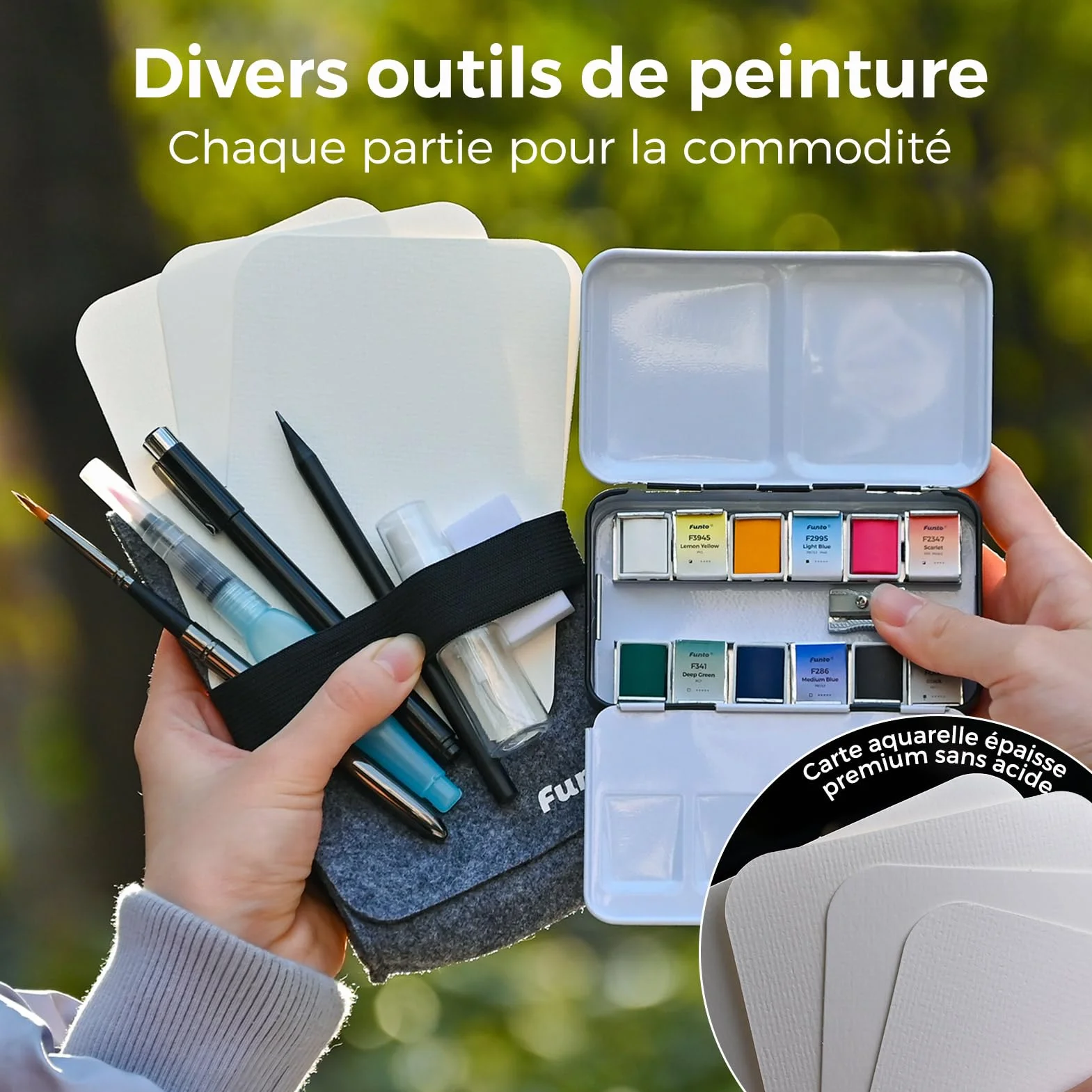 Set de voyage à l'aquarelle Funto 12 couleurs, 10 cartes postales, pinceau, stylo, crayon pour adultes