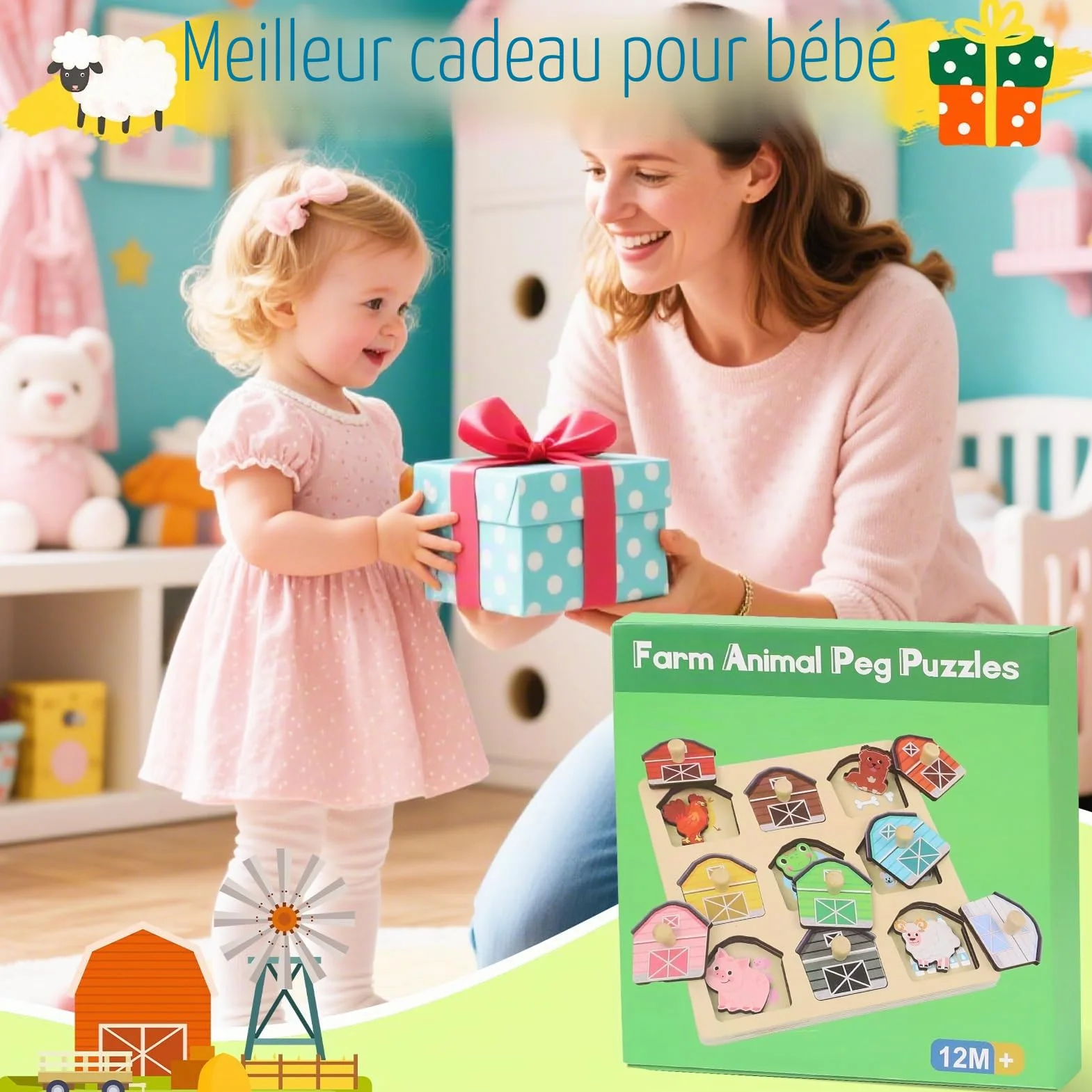 Jouets Montessori Puzzle en Bois pour Bébé 1 an Ferme Jouet Moteur 12-36 Mois Fille Garçon