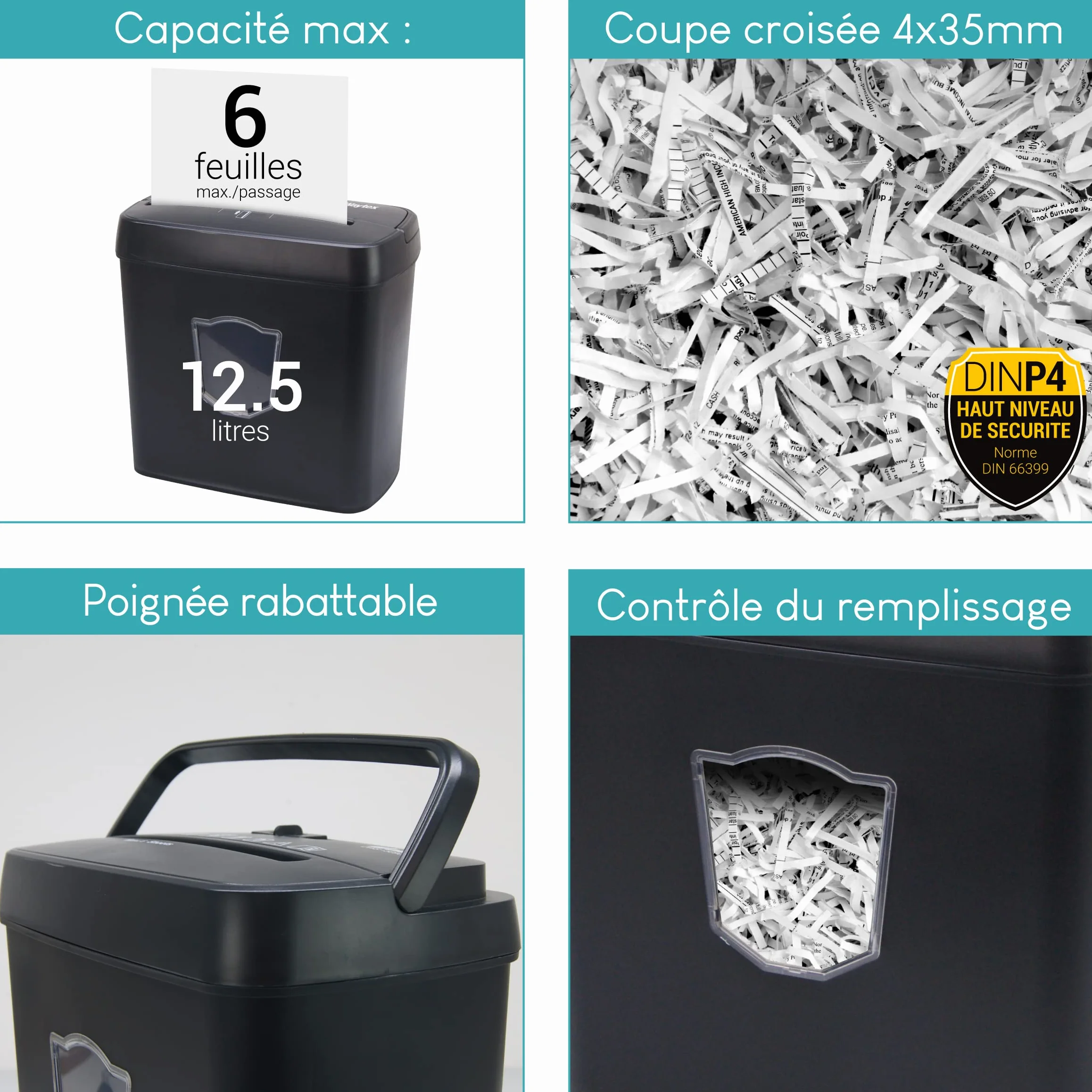 Waytex Destructeur de Documents Coupe Croisée 6 Feuilles bac 12,5 litres
