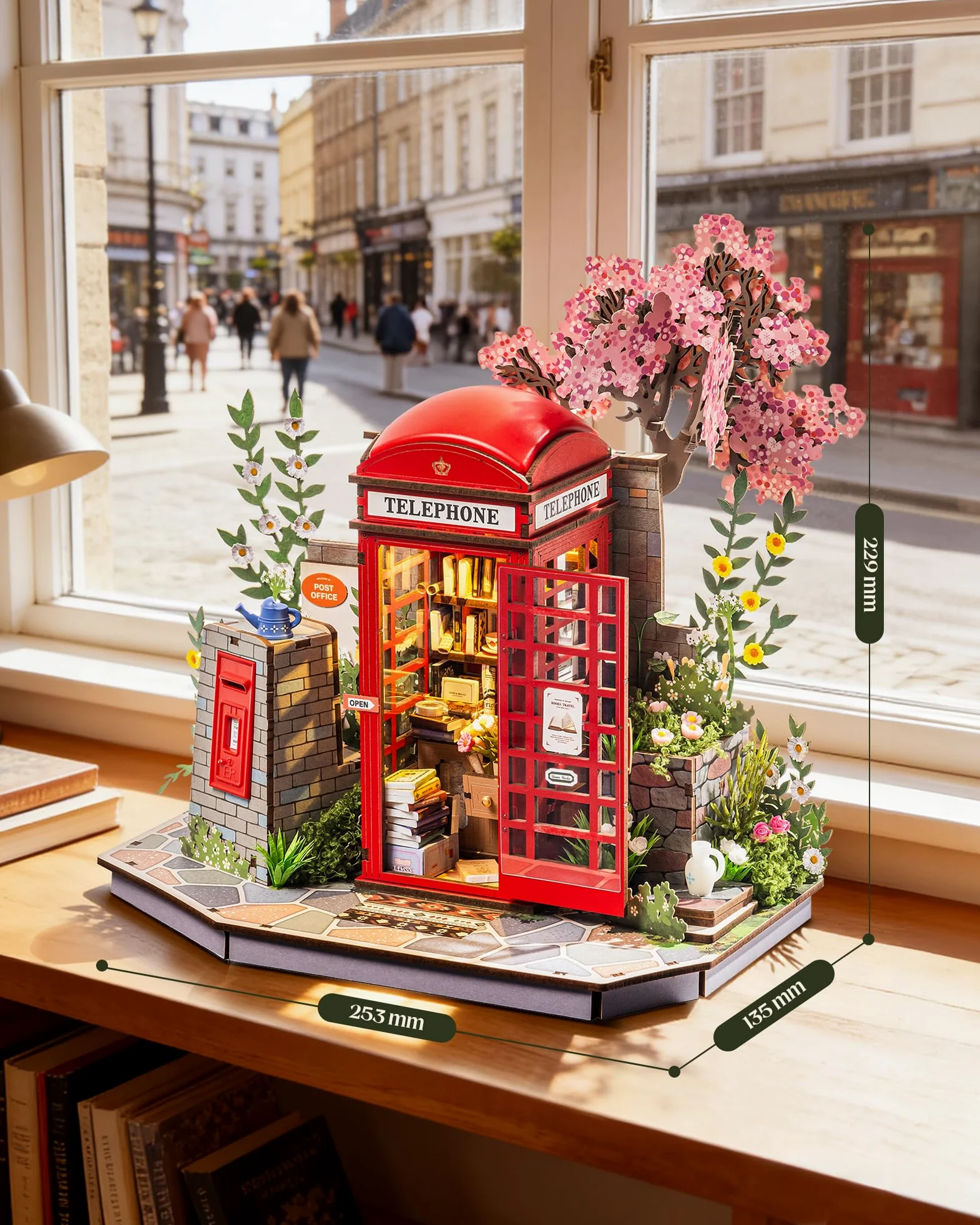 Rolife Puzzle 3D en Bois Cabine Téléphonique Rouge de Londres Maquette pour Adultes à Construire Blossom Kiosque à Livres Jeu de Construction avec Éclairage LED Décoration Intérieure Cadeau Créative