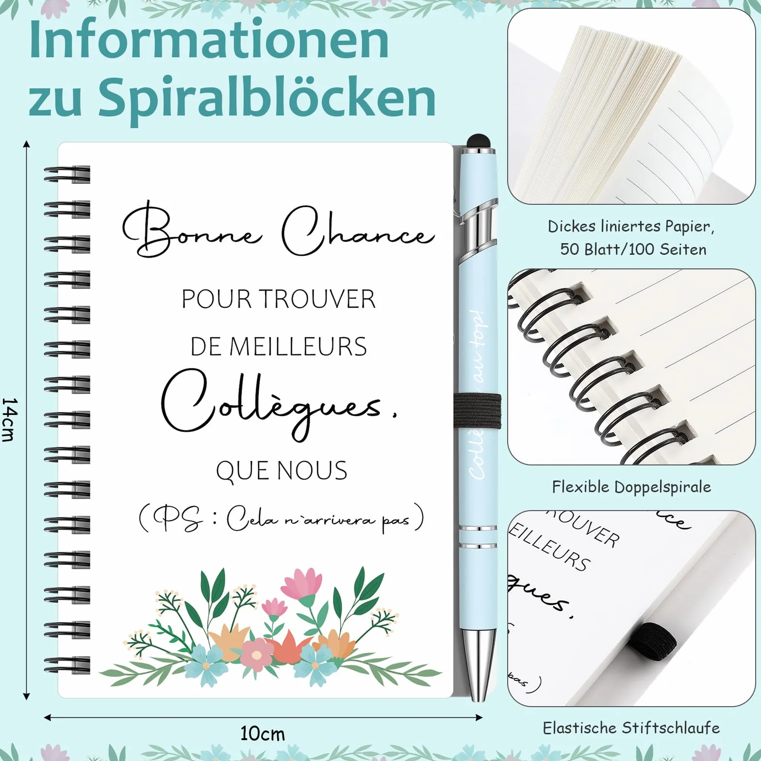 Sinmoe Cadeau Collègue de Travail Femme Remerciement Noël Set 3 Pièces Mini Carnet Spirale Stylo Bille Porte-Clé Départ Retraite Bleu Brume