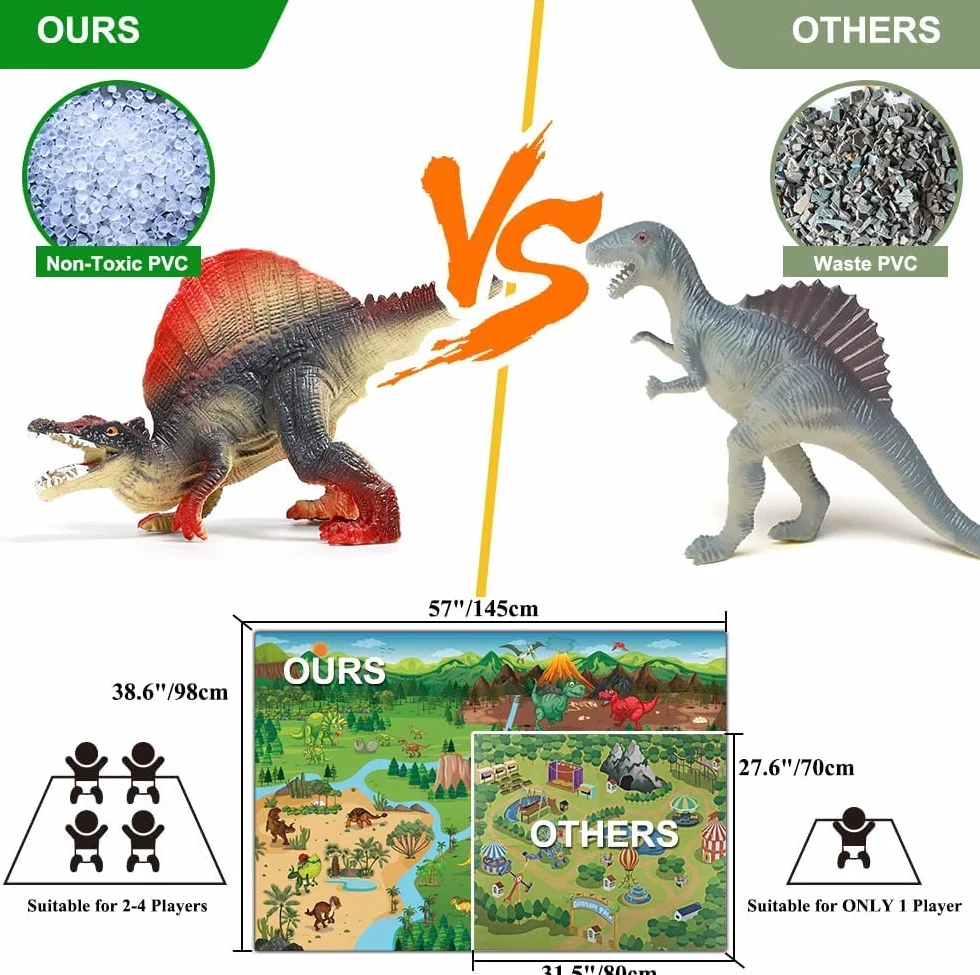 FRUSE Dinosaure Jurassic Jouet 145x98cm Tapis 12 Pièces Figurine Réalistes T-Rex Carnotaurus Boîte Rangement Jouets éducatifs Cadeau Enfants 3-6 Ans