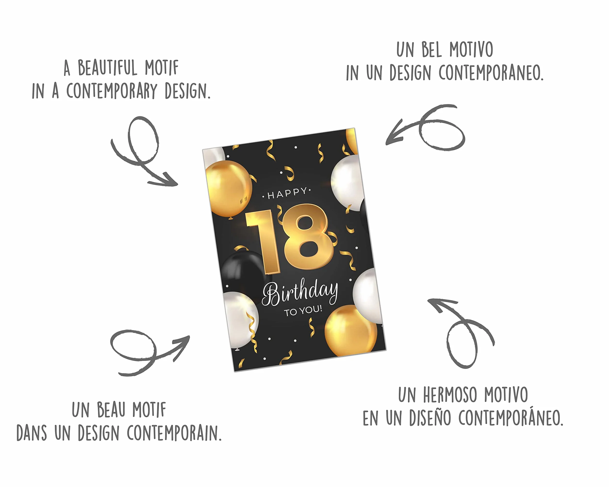 Edition Seidel Carte d'anniversaire 18e anniversaire avec enveloppe Happy Birthday homme femme adolescent ballons doré
