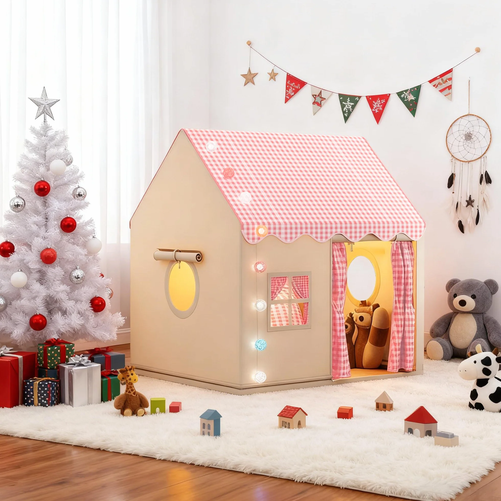 Tente de Jeu Enfant Cabane Tout-Petits avec Lumineuse Décorative Rose