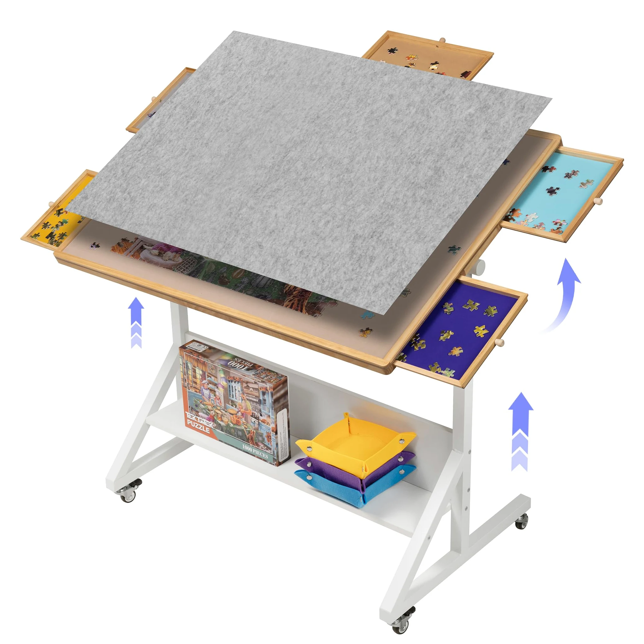 Tektalk Table de Puzzle avec réglage de l'angle et de la Hauteur, Plateau de Puzzle avec Couvercle et 5 tiroirs de tri, Table inclinable avec Pieds, fermée avec 4 roulettes, jusqu'à 1500 pièces