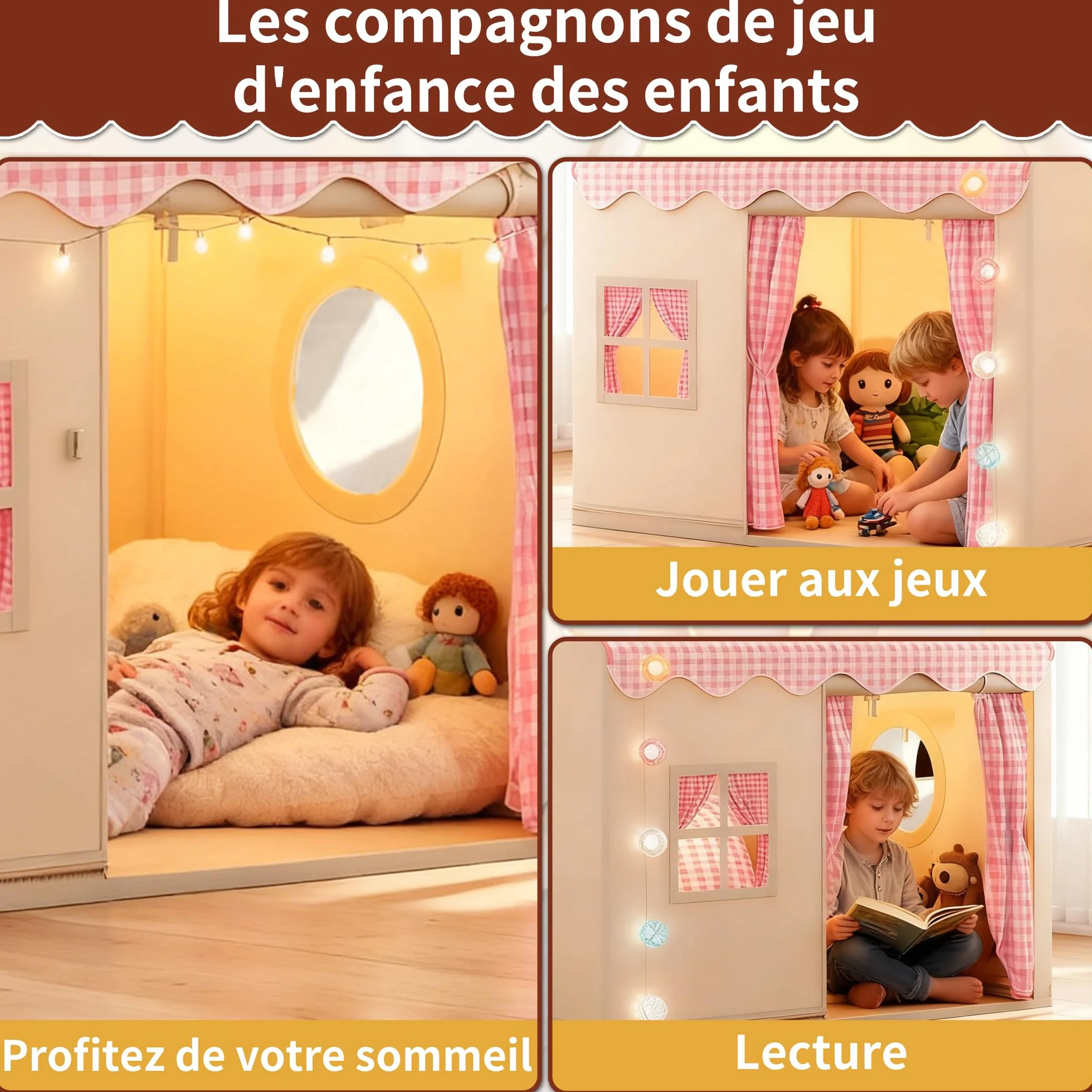 Tente de Jeu Enfant Cabane Tout-Petits avec Lumineuse Décorative Rose