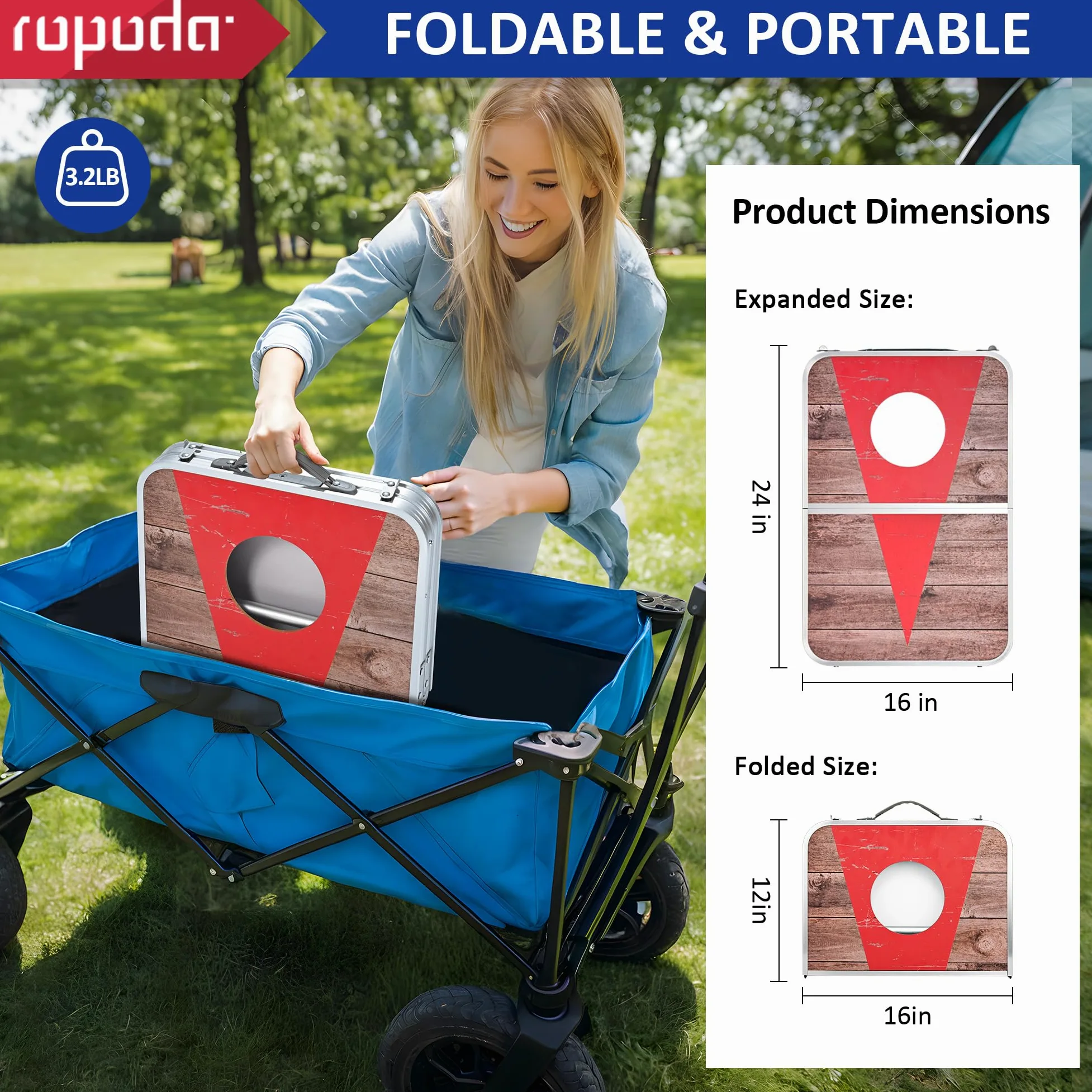 ROPODA Ensemble de Plateau Portable de 61 x 40,6 cm pour Adultes avec 8 poufs, Bordures en Alliage d'aluminium léger pour Jeux de Plein air, Plage et hayon.