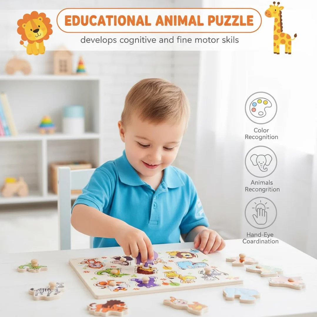 Puzzle en Bois Jouet Éducatif Animaux de la Jungle pour Enfants 1-3 Ans
