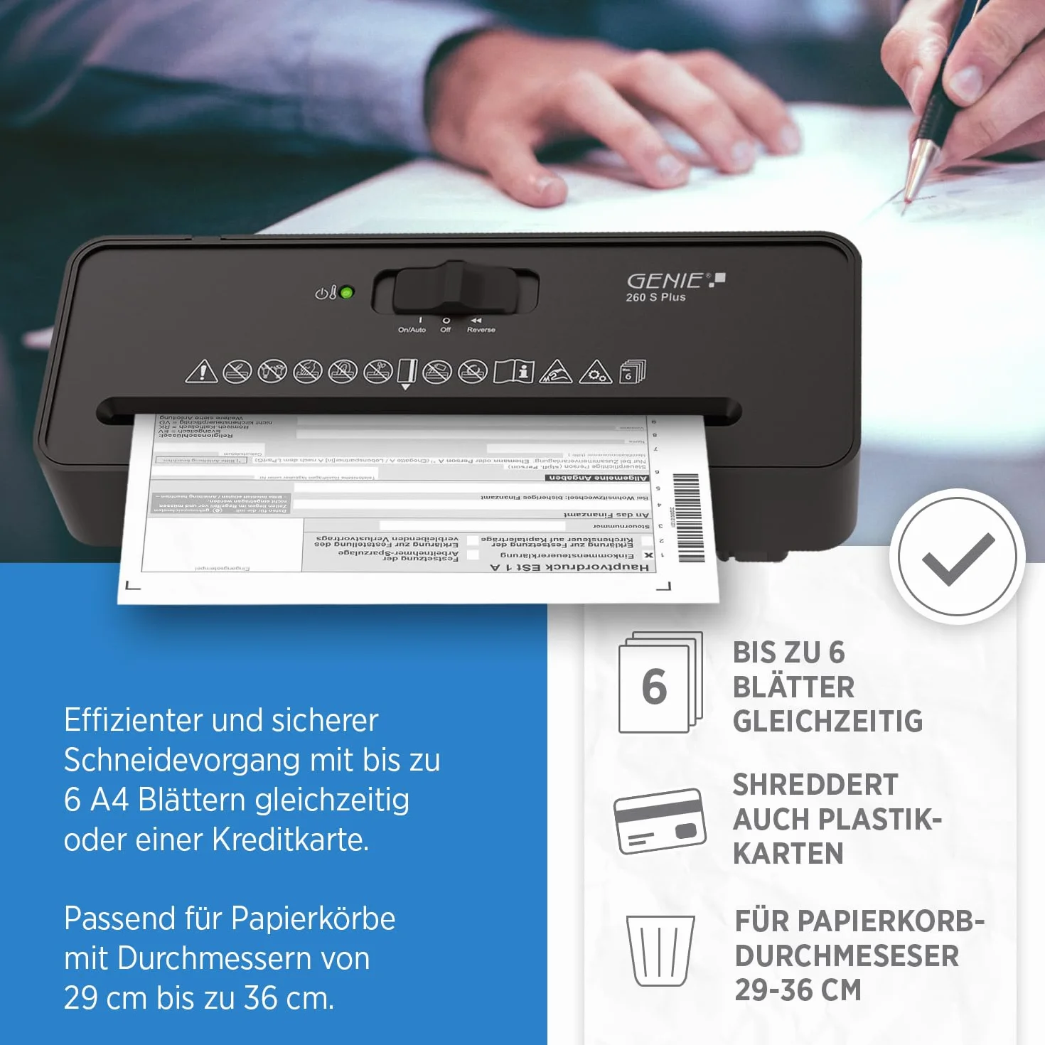 Genie 260 S Plus Destructeur de Documents Papier Coupe en Bandes 6 mm Compact