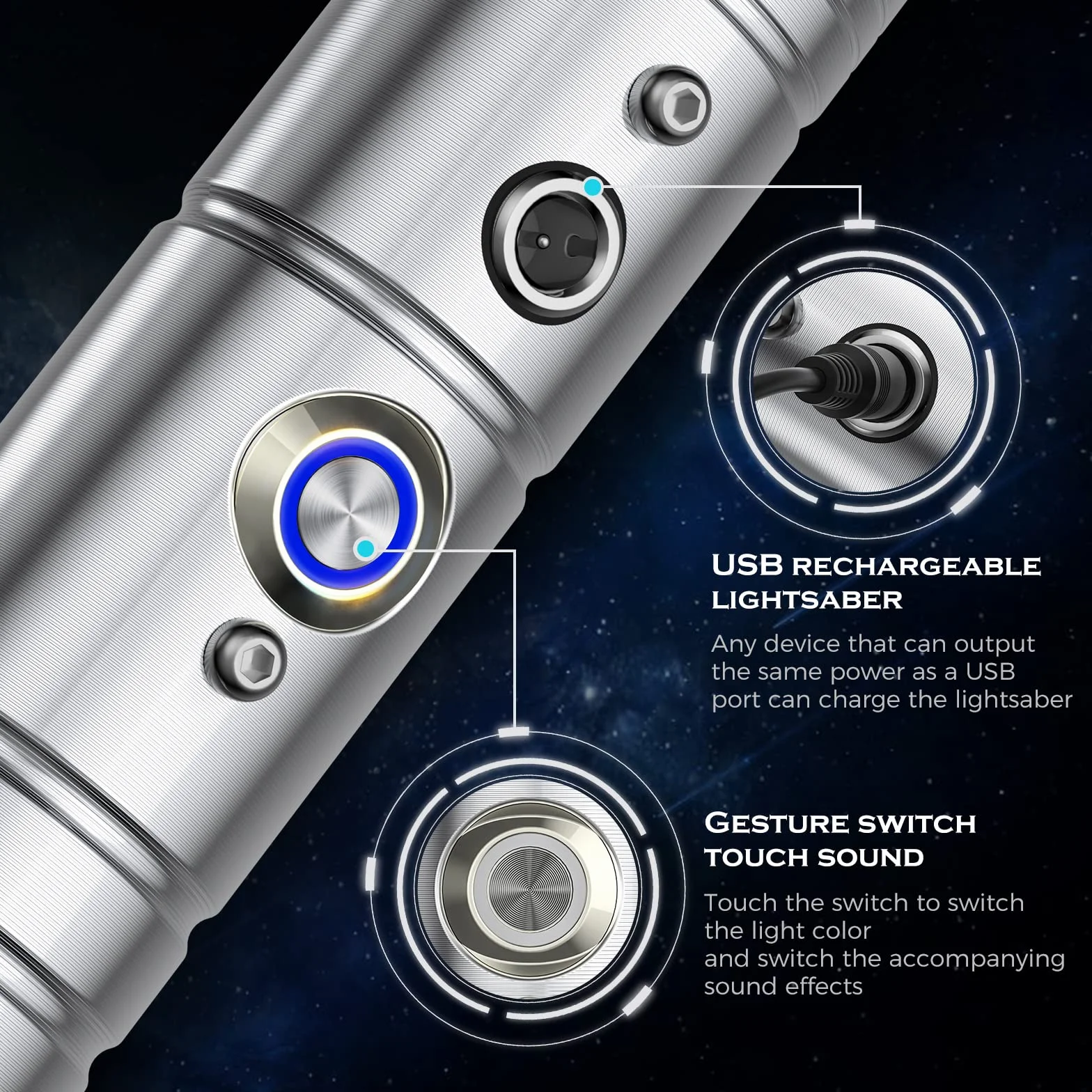 Sabre Laser RGB 7 Couleurs FX Sound Duel USB Rechargeable Métal Aluminium Argent Grip Cosplay