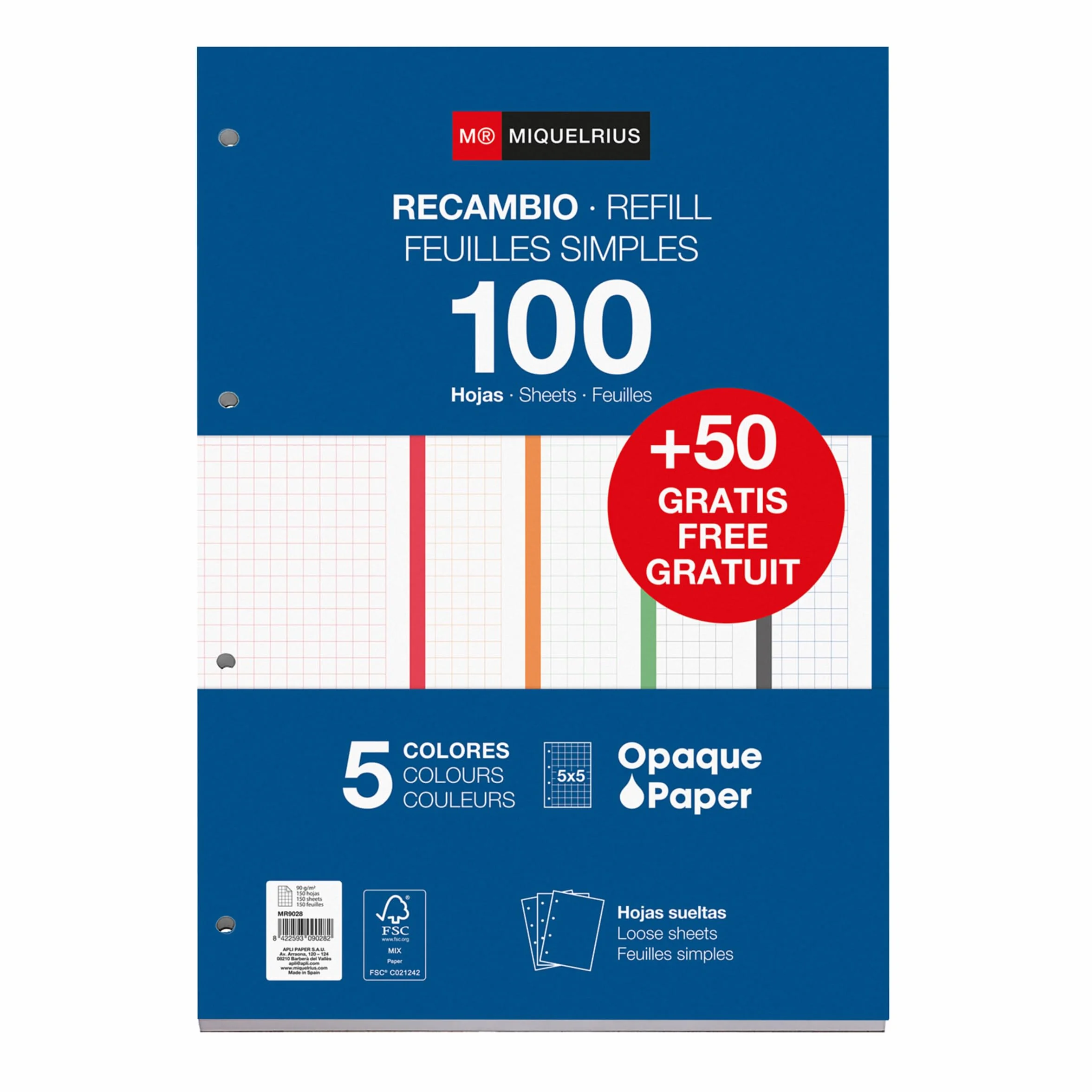 Miquelrius Recharge de feuilles A4 quadrillées 5x5 mm, 150 feuilles 90 g/m², 5 couleurs pastel, Perforation standard