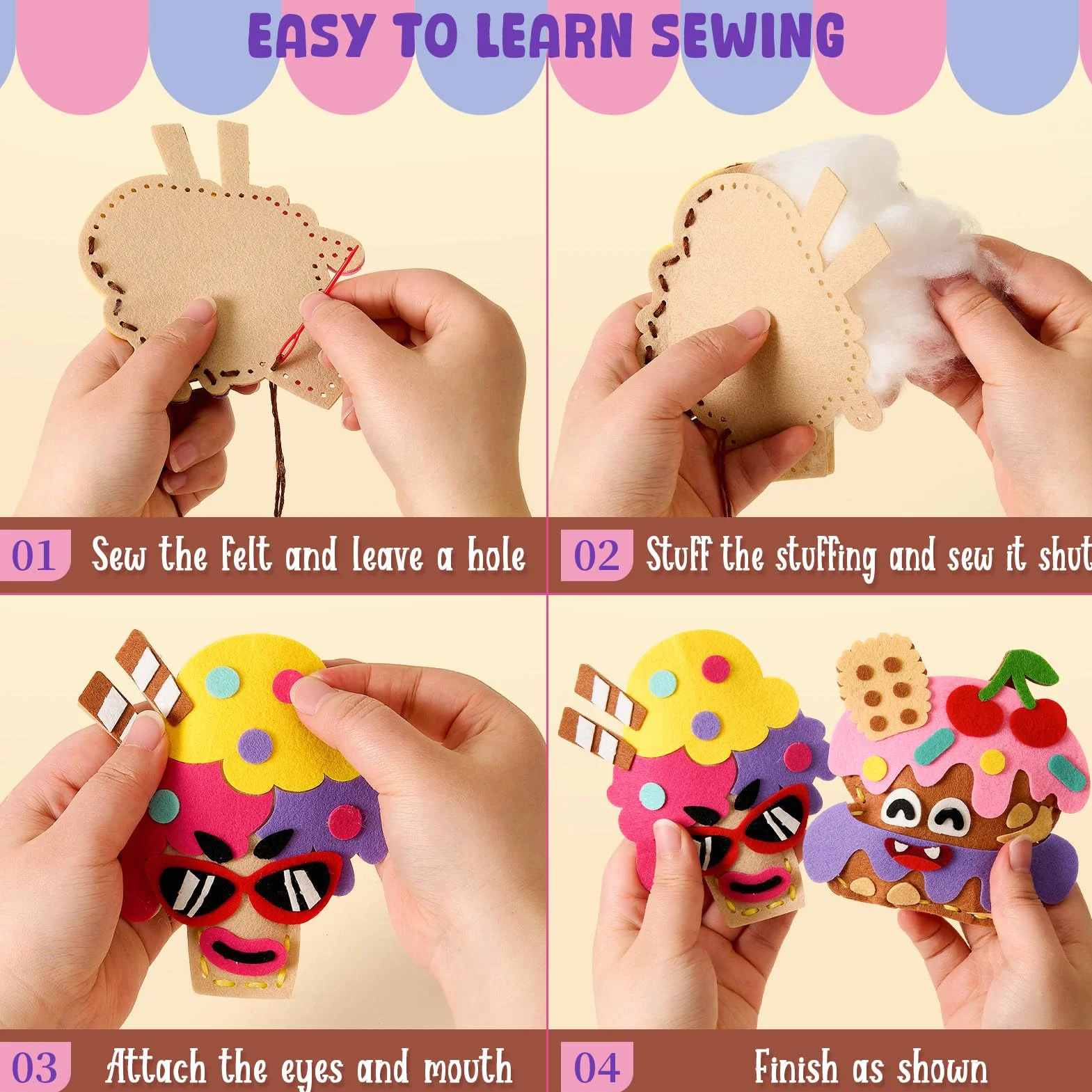 TUZT Kit Couture Enfant 12 DIY Desserts Bricolage avec Couture en Feutre & Aiguilles Plastique Loisir Créatif Jouet Cadeau pour Garçon Fille 5-10 Ans
