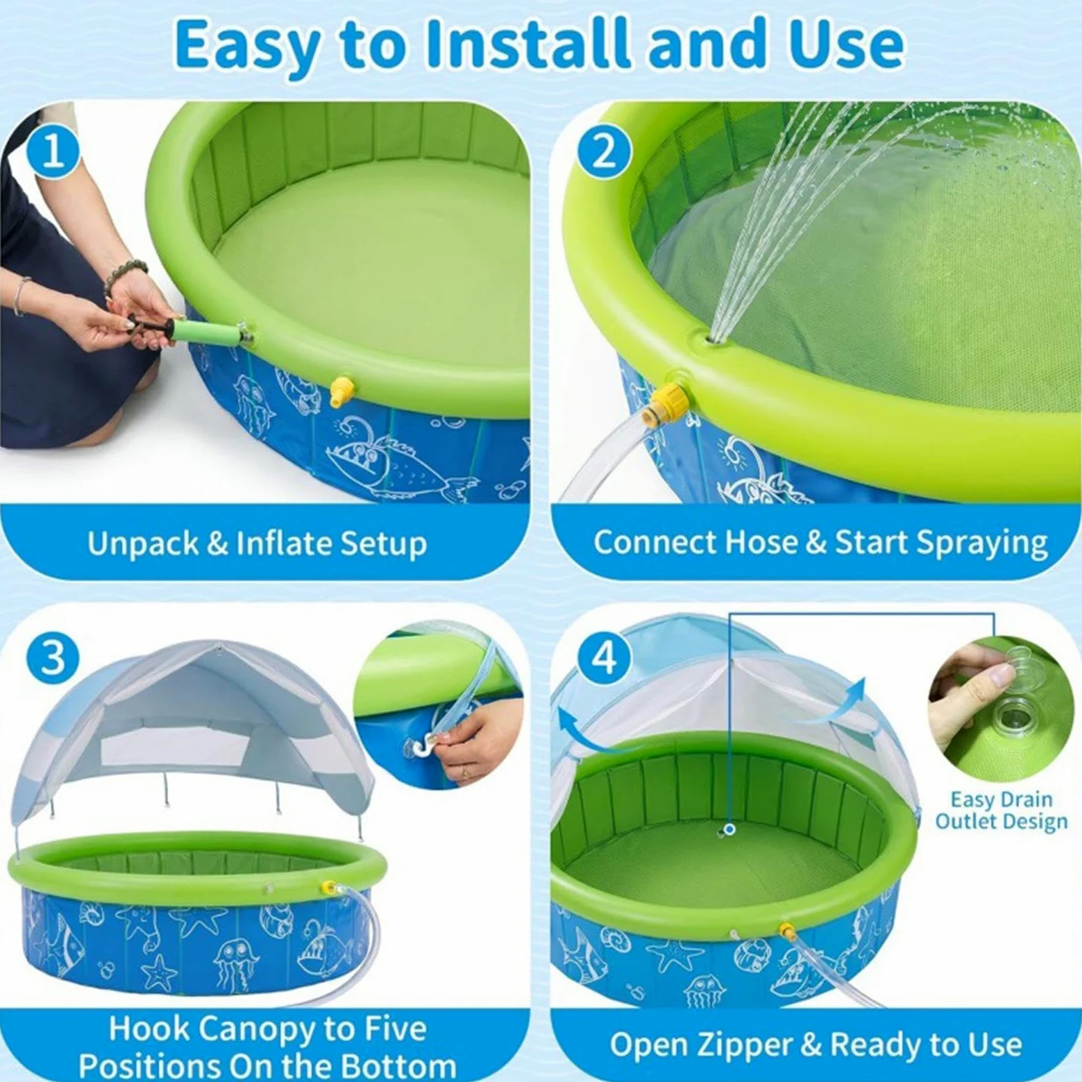 Pataugeoire gonflable pour , pliable, jouet antidérapant avec | Piscine extérieure en été, sur la terrasse, dans le parc, dans la cour et en voyage