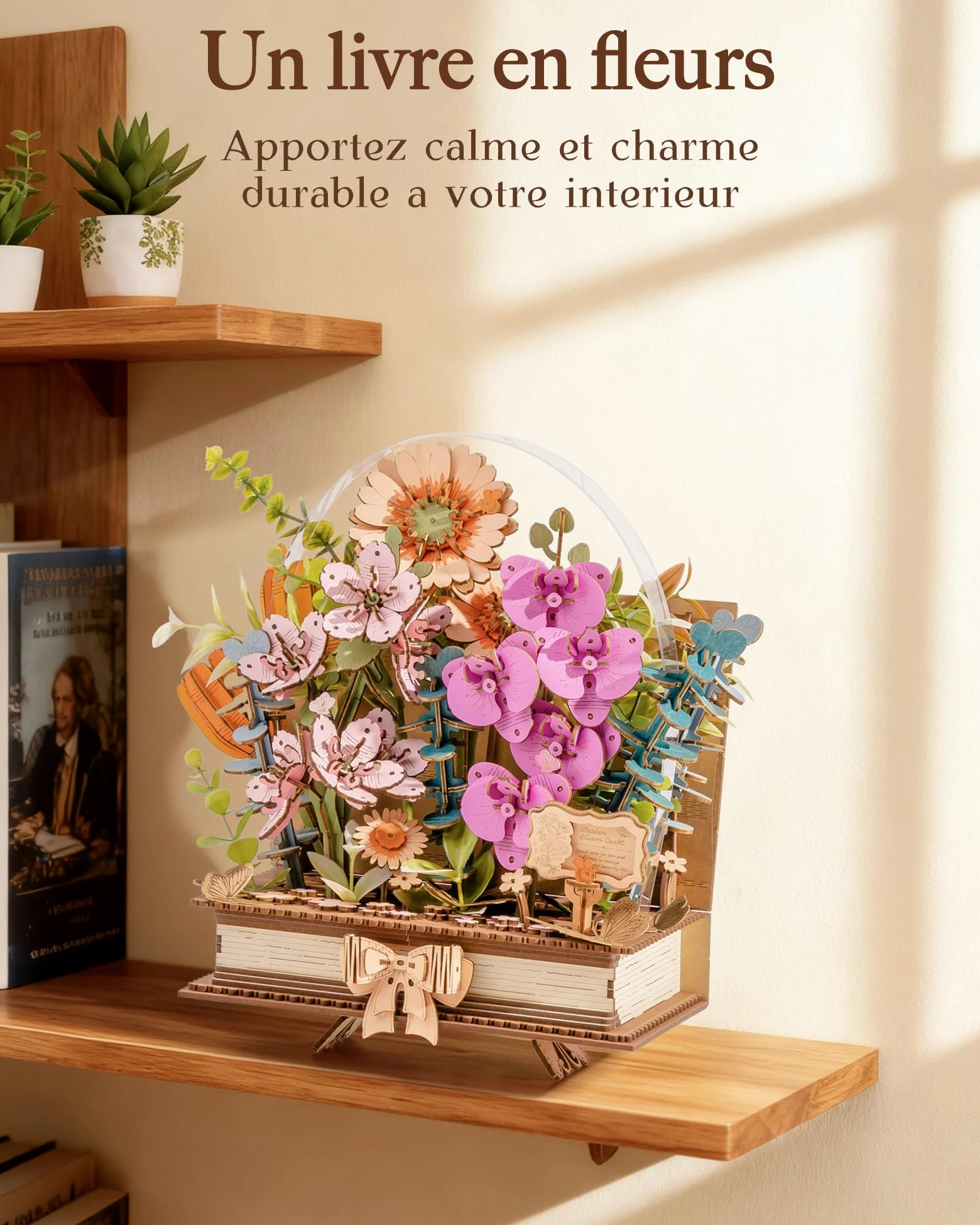 ROWOOD Puzzle de fleurs en bois 3D, livre de floraison en bois, kit de modèle de bouquet à faire soi-même, kits d'artisanat créatifs pour adultes, puzzle de fleurs décoratif, cadeaux d'artisanat pour