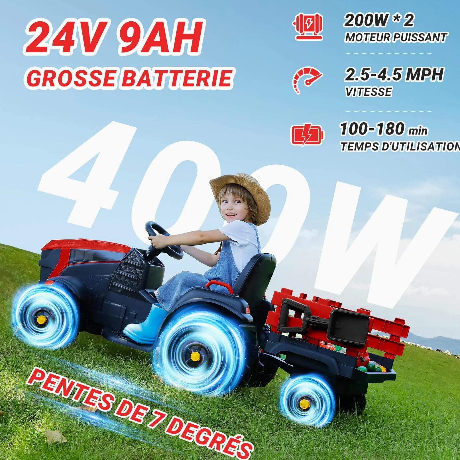 ELEMARA 24V 9AH Tracteur Electrique Enfant avec remorque Amovible Facile,400W Motors Voiture électrique Enfant, Jouet Tracteur Electrique,Ceinture de sécurité à 3 Points pour Les âges 3 +, Rouge