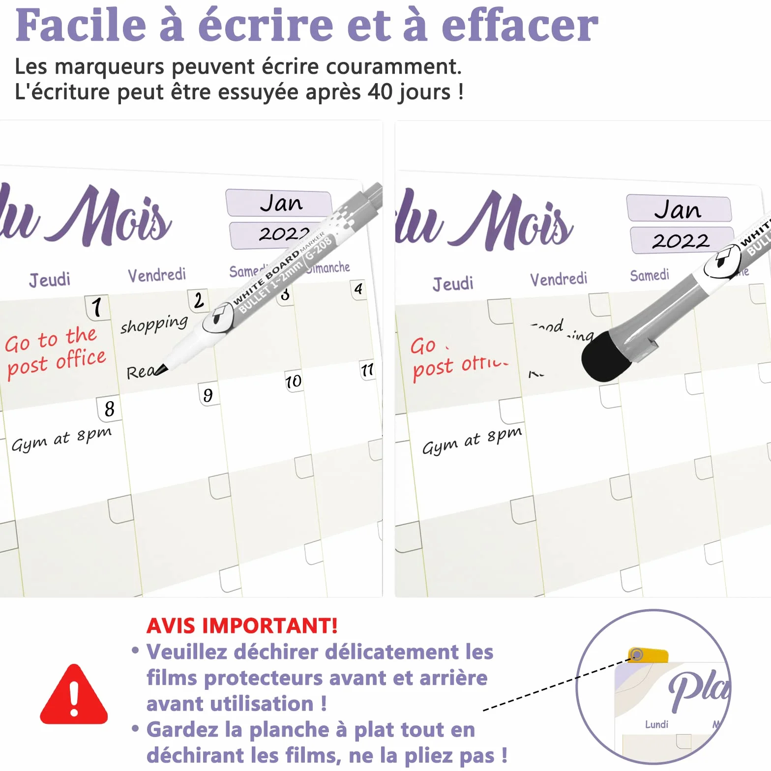 Tableaux Blancs Calendrier Effaçable à Sec Lot de 2 – Mensuel + Semainier avec 4 Marqueurs – Adhésif Non Magnétique pour Réfrigérateur Inox, Mur, Verre, Bois