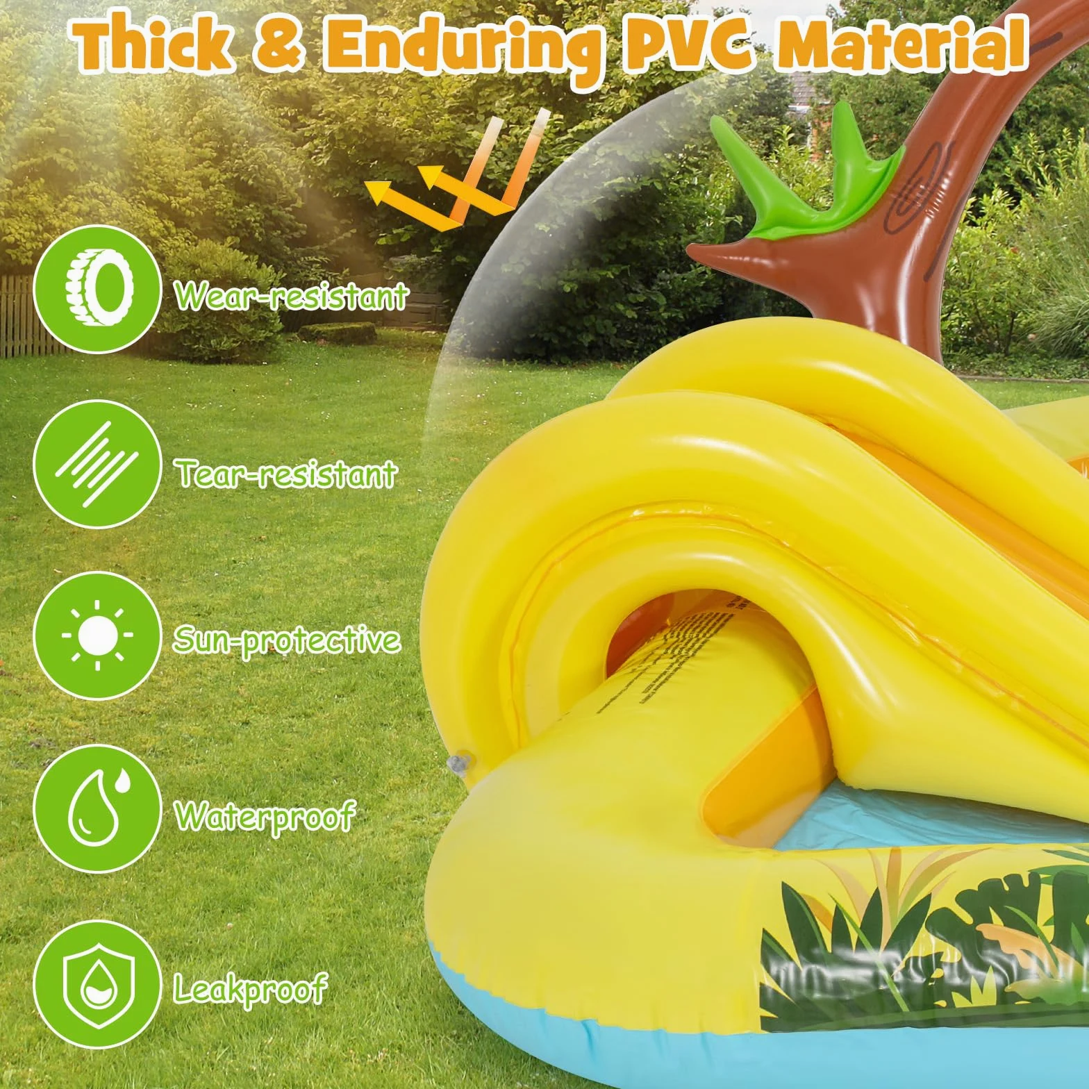FANTASK Aire de Jeux Gonflable, Centre de Jeu Aquatique Jungle Adventure avec Toboggan, pataugeoire, Singe, arroseur et souche d'arbre, Piscine pour Enfants avec Accessoires, Parc Aquatique pour
