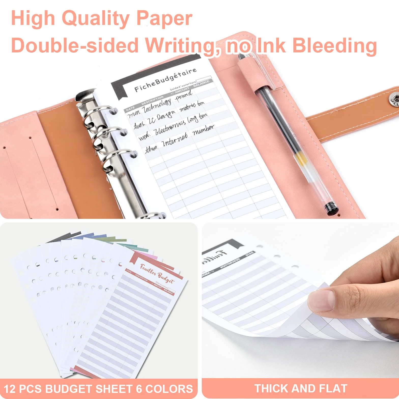 Classeur A6 en PU Cuir Budget Planner avec 10 PVC Enveloppe Budget, 12 Feuilles Budget, 3 Autocollants