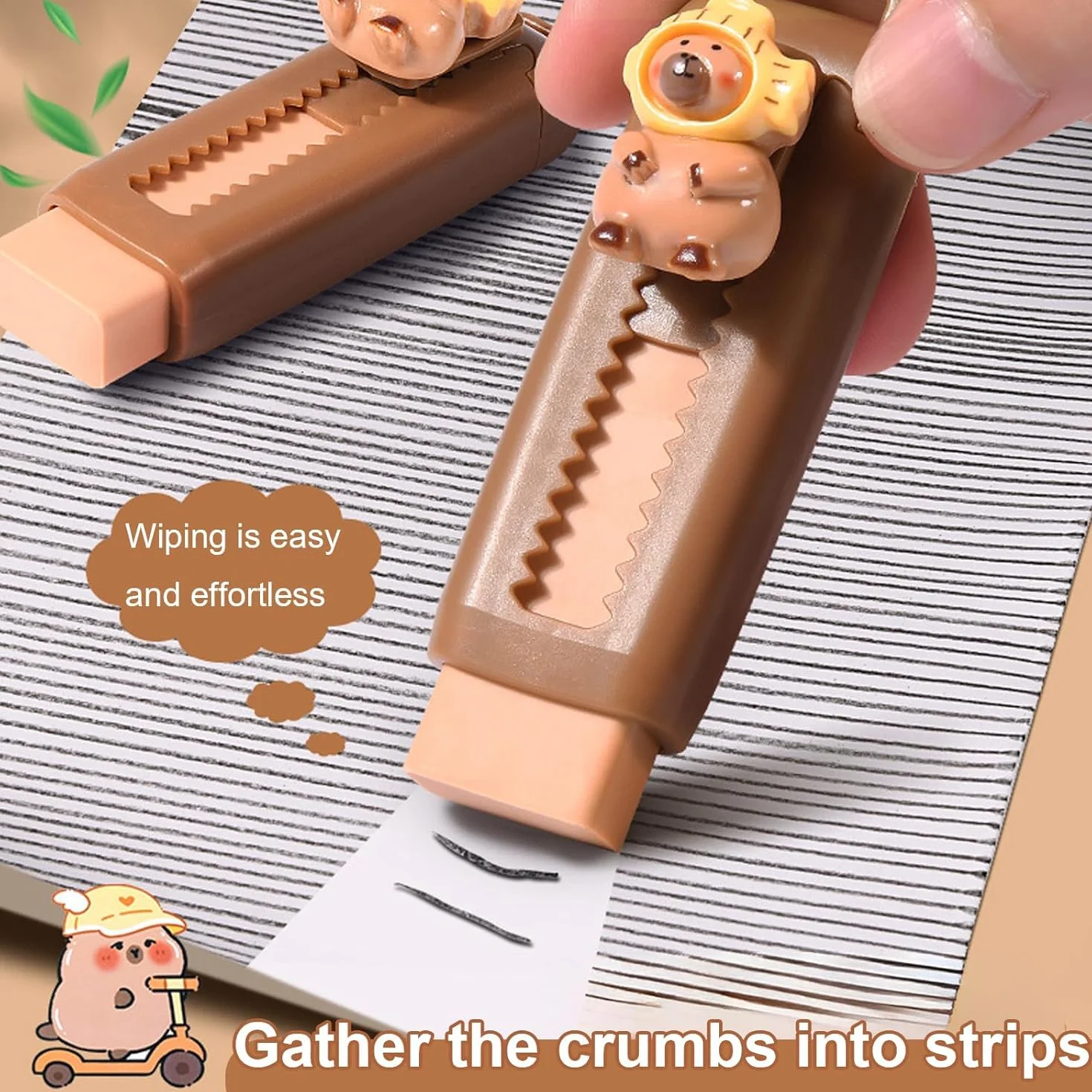 Gommes Capybara Rétractables - Gomme à Effacer Coulissante pour Enfants, Mécanisme Push-Pull, Fournitures Scolaires Originales