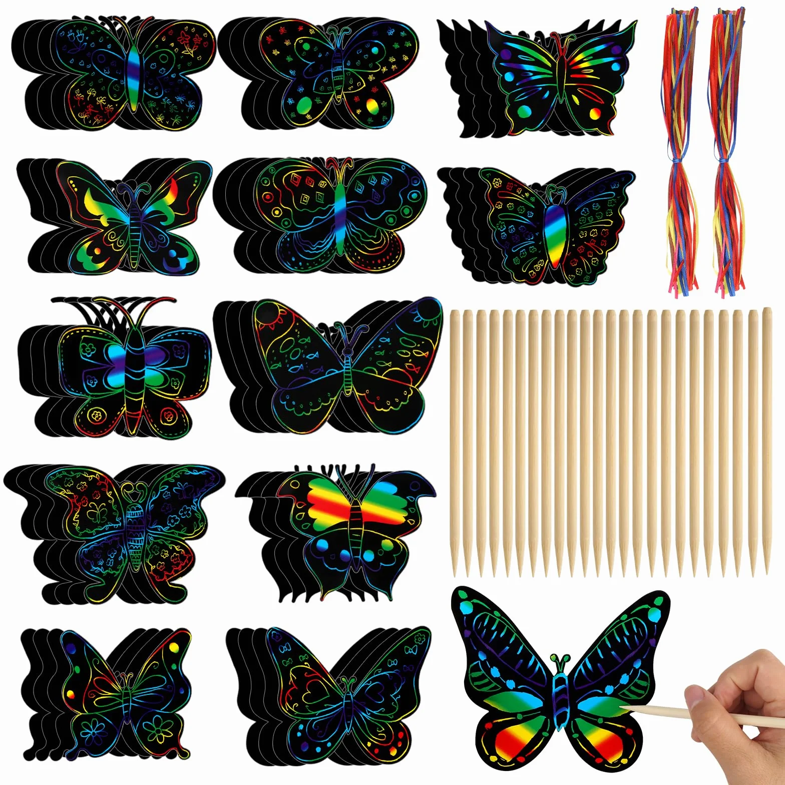 Carte à Gratter Papillon 48 Pcs, Scratch Art Enfant Arc-En-Ciel, Magique Papier a Gratter avec Stylo en Bambou, 12 Motifs