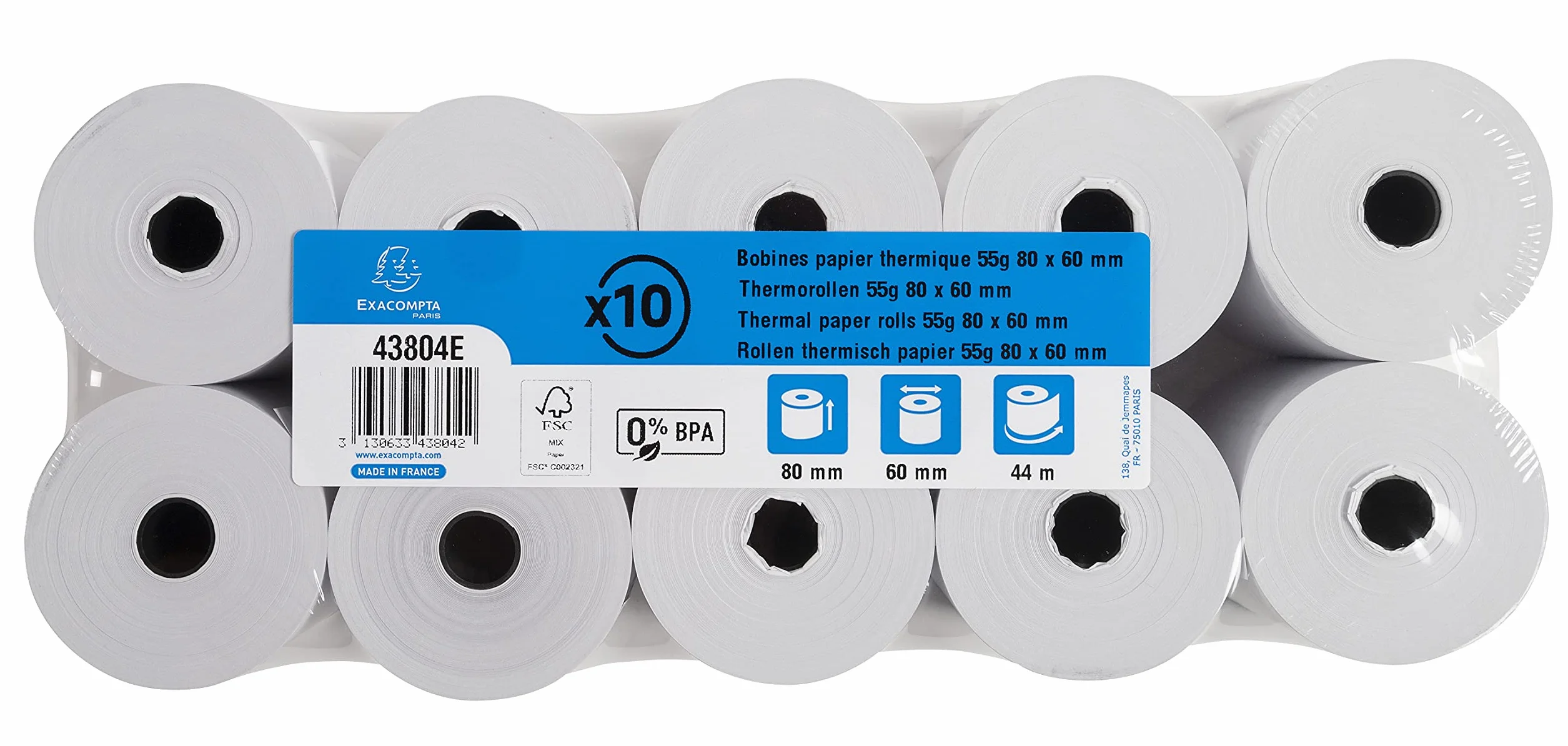 Exacompta Bobines pour balance 80 mm x 56 mm 48g/m² sans BpA Blanc 44 m