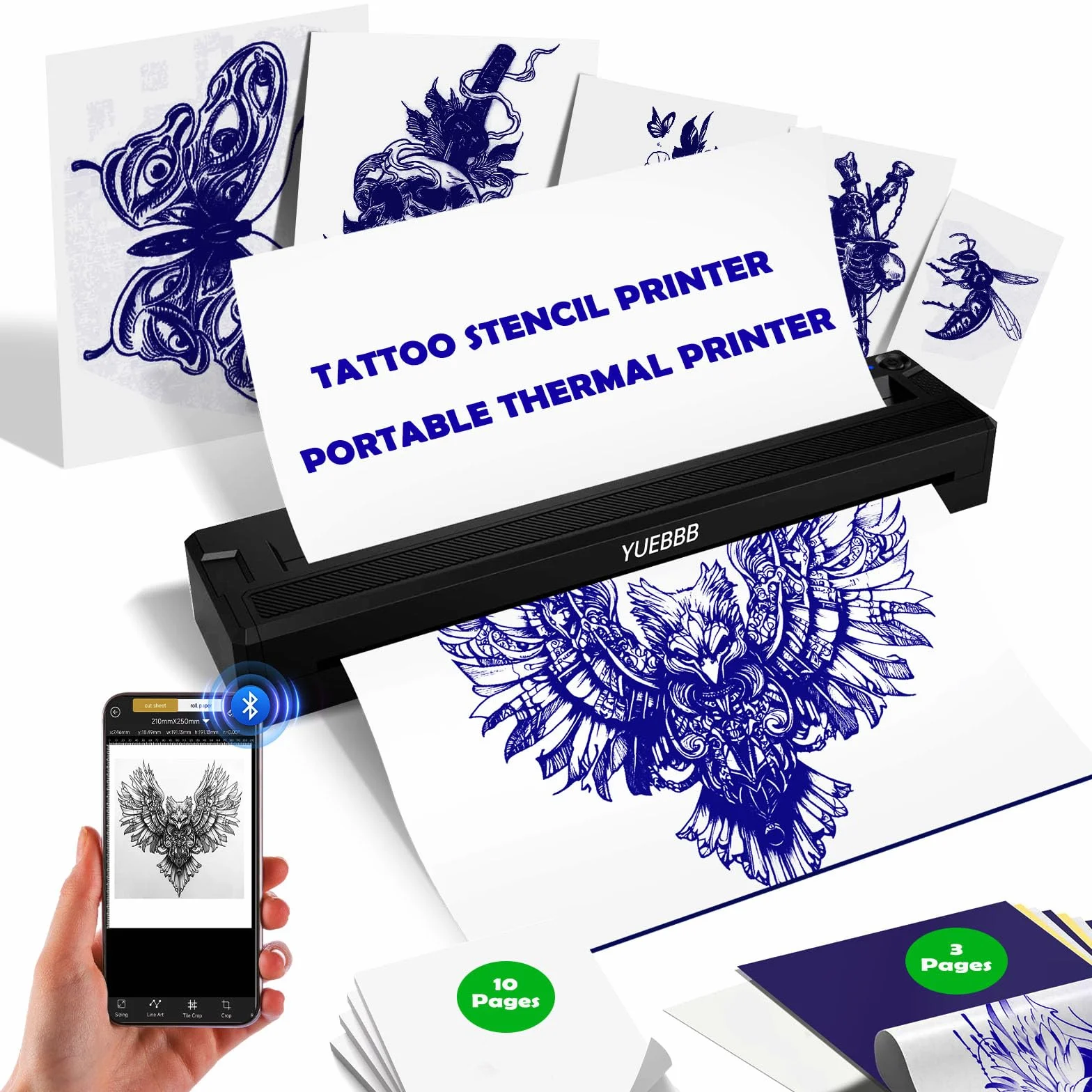 Imprimante de Pochoirs de Tatouage, Transfert Thermique Bluetooth, Compatible Smartphone et Ordinateur
