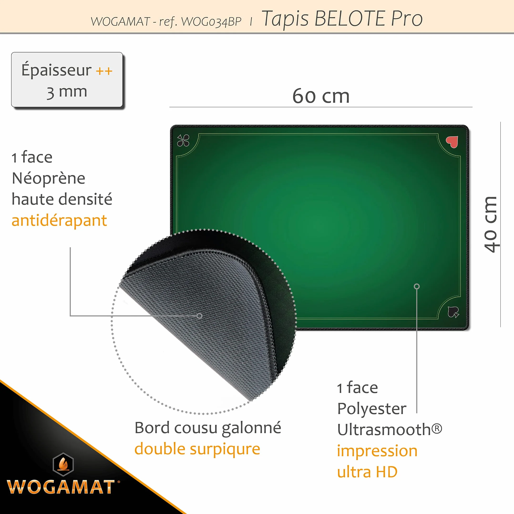 Tapis Belote Professionnel Luxe Format Standard 60x40cm Néoprène Antidérapant WOGAMAT