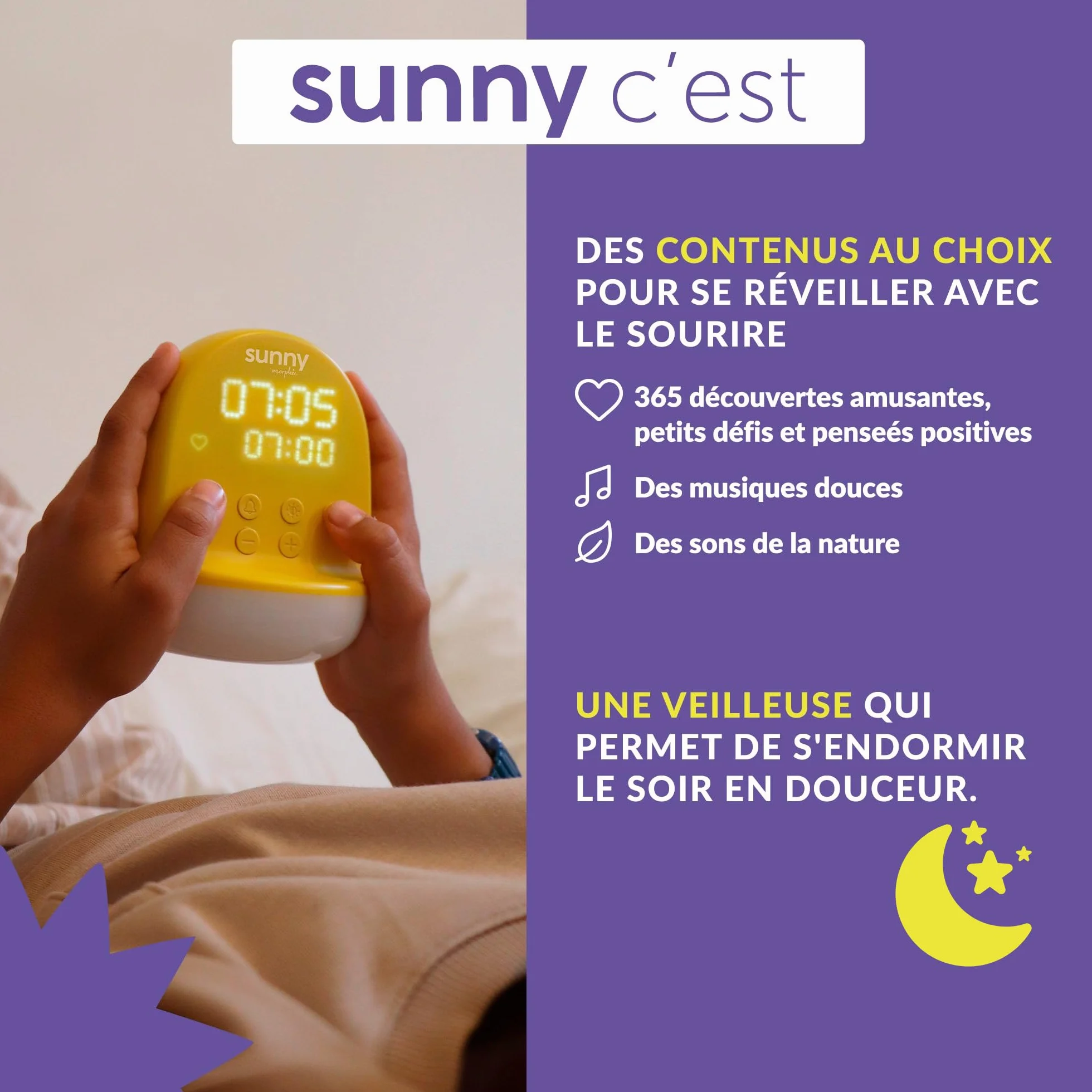 Sunny Morphée Réveil Enfant 365 Découvertes Audio Veilleuse Jour/Nuit 3-10 Ans Prise Secteur