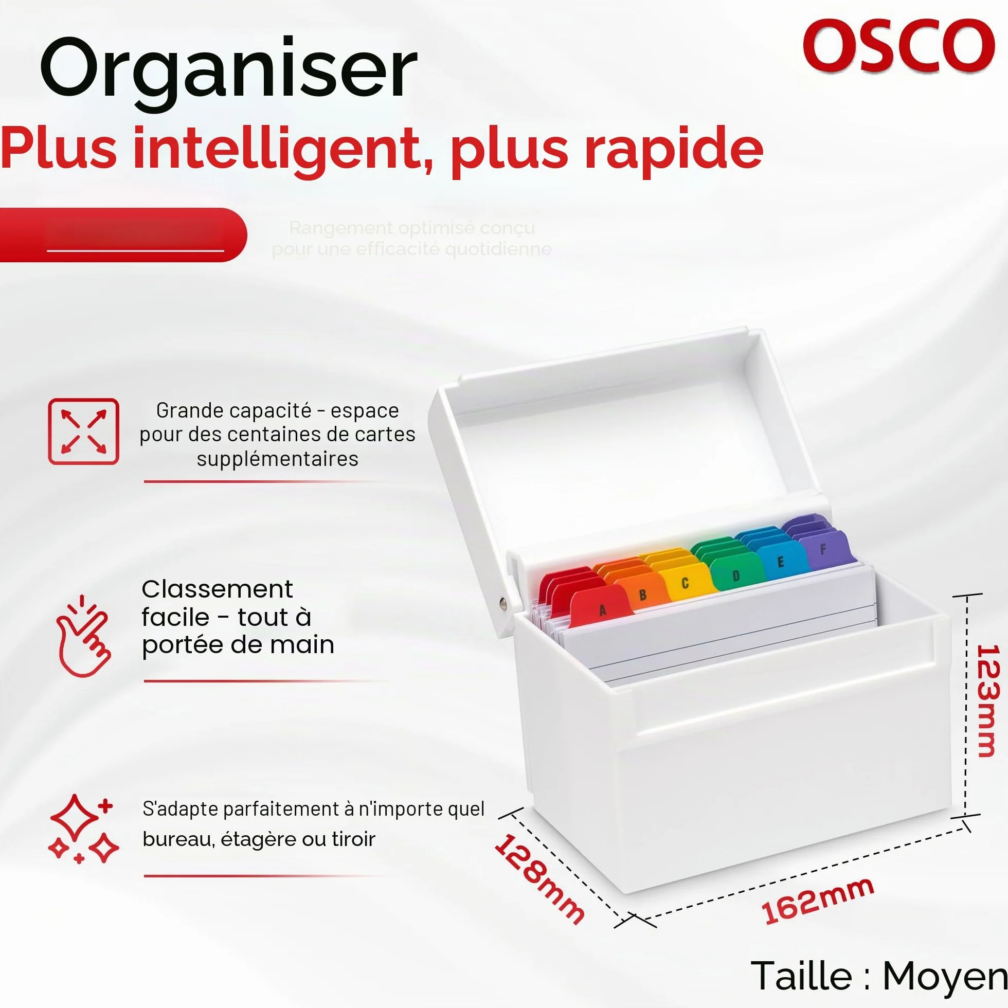 OSCO Boîte d'index en plastique blanc brillant A-Z 100 feuilles lignées 15,2 x 10,2 cm Cartes flash de révision