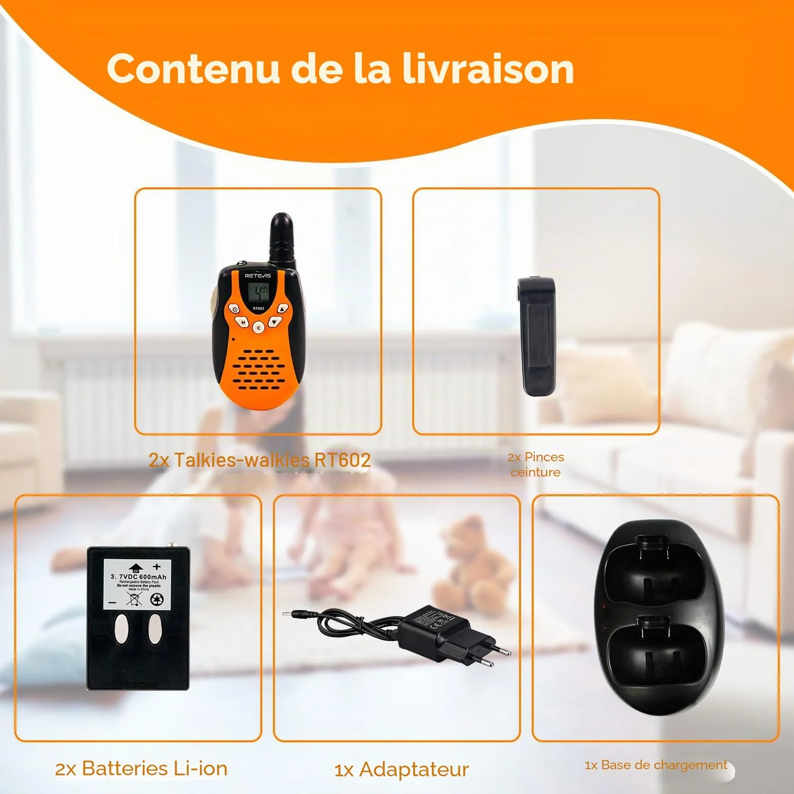 Retevis RT602 Talkie Walkie Enfant Rechargeable avec Base de Chargement et Batterie Li-Ion, Lampe Poche, Cadeau Camping Aventure (1 Paire, Orange)