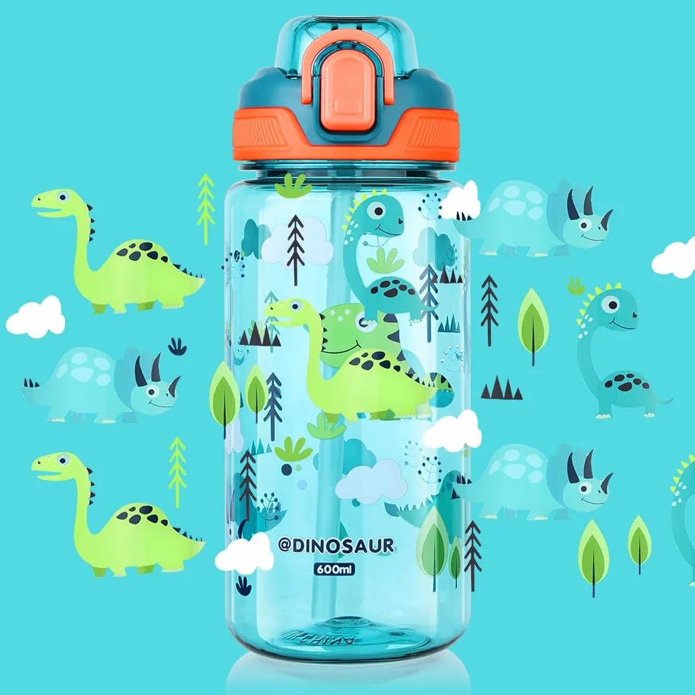 Flintronic 600ML Gourde Enfant avec Paille, Bouteille Enfant avec Poignée, Anti-Fuite, sans BPA Tritan pour l'école Sport (Vert-Dinosaures)