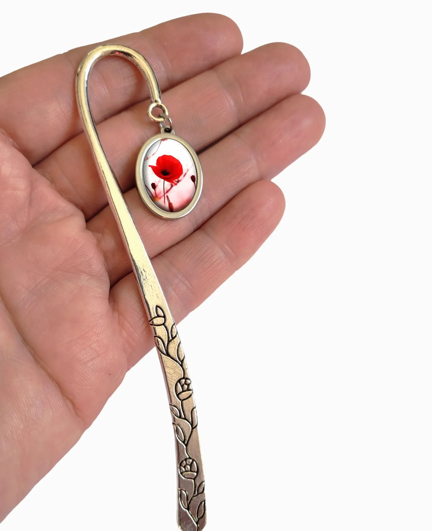 Marque-pages fleur rouge argent coquelicot cabochon