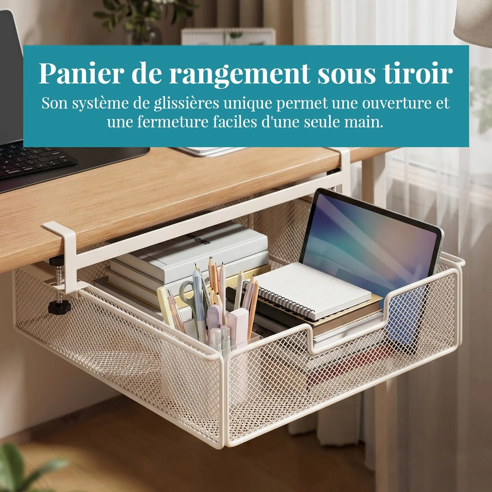 Milageto Panier de Rangement sous Tiroir de Bureau, Grande Capacité, Fer, Blanc