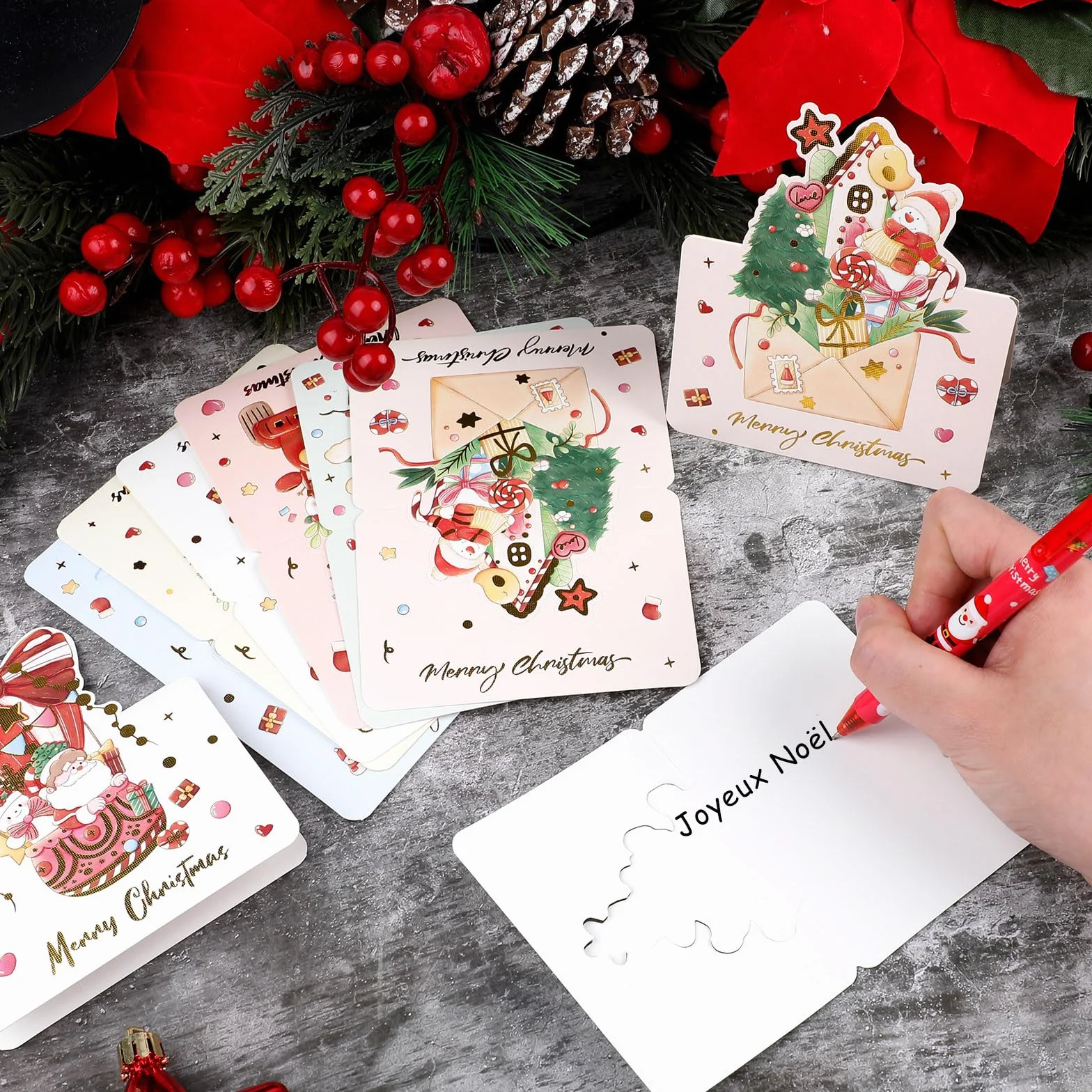 Cartes Joyeux Noel Dorée 6 Motifs Carte Postale Pliées 12PCS Cadeaux de Noël