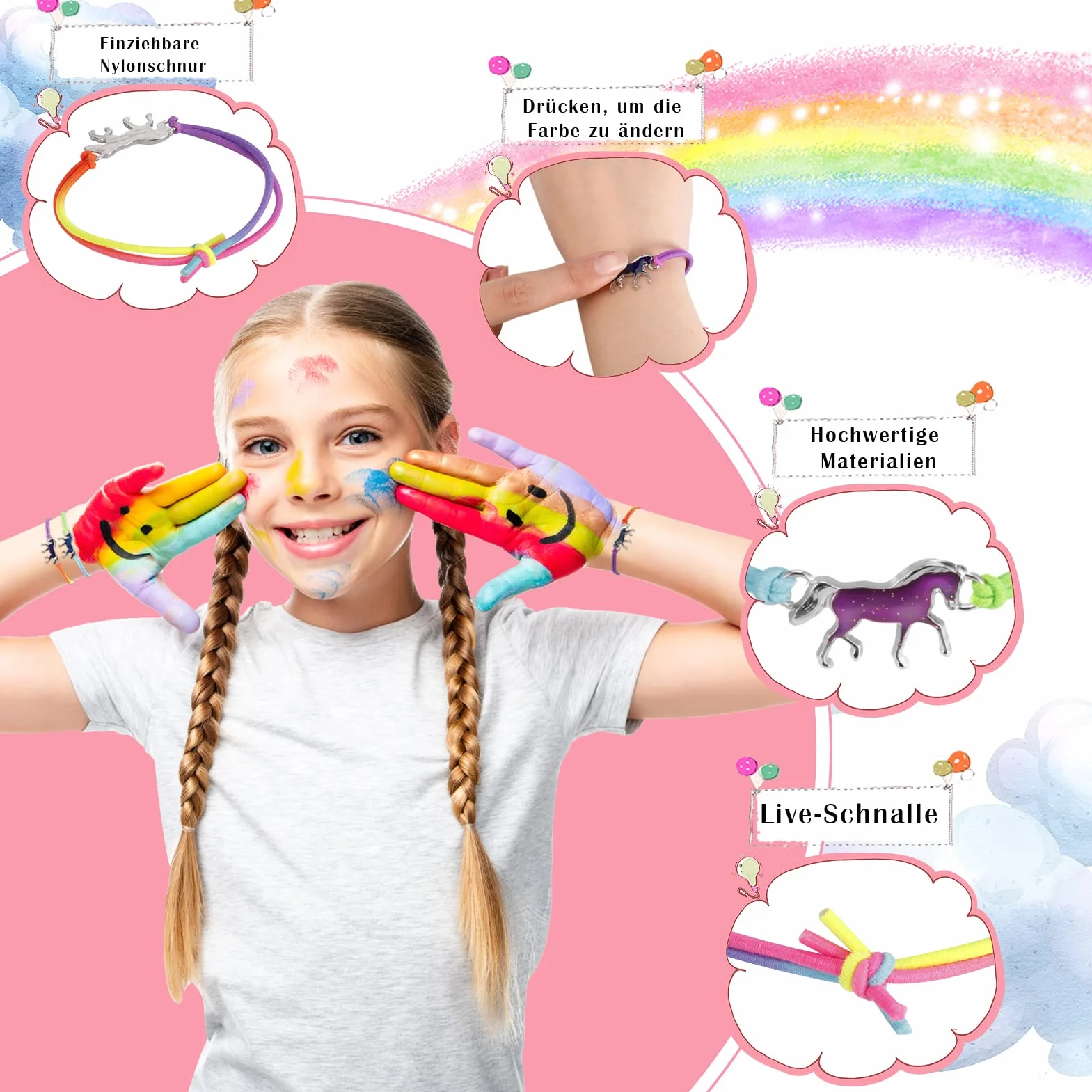 Lot de 4 bracelets d'humeur pour fille - Changement de couleur - Arc-en-ciel - 24,13 cm - Métal - Oxyde de zirconium