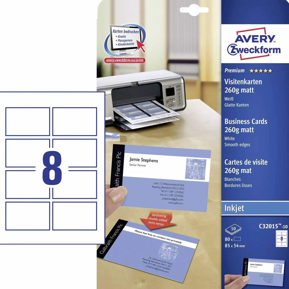 Avery Zweckform C32015-10 10 feuilles cartes de visite blanc mat 220g jet d'encre