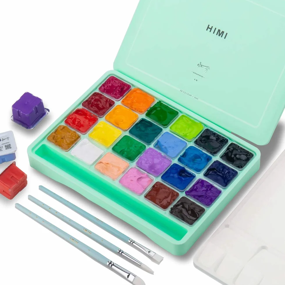 HIMI Ensemble peinture gouache 24 couleurs 30 ml non toxique pour toile papier aquarelle débutants artistes