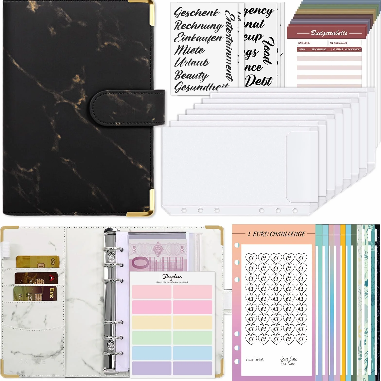 SKYDUEClasseur Budget A6, Enveloppe Budget, 12 Challenges Budgétisation, Pochette Budget Planner (Noir Marbré)