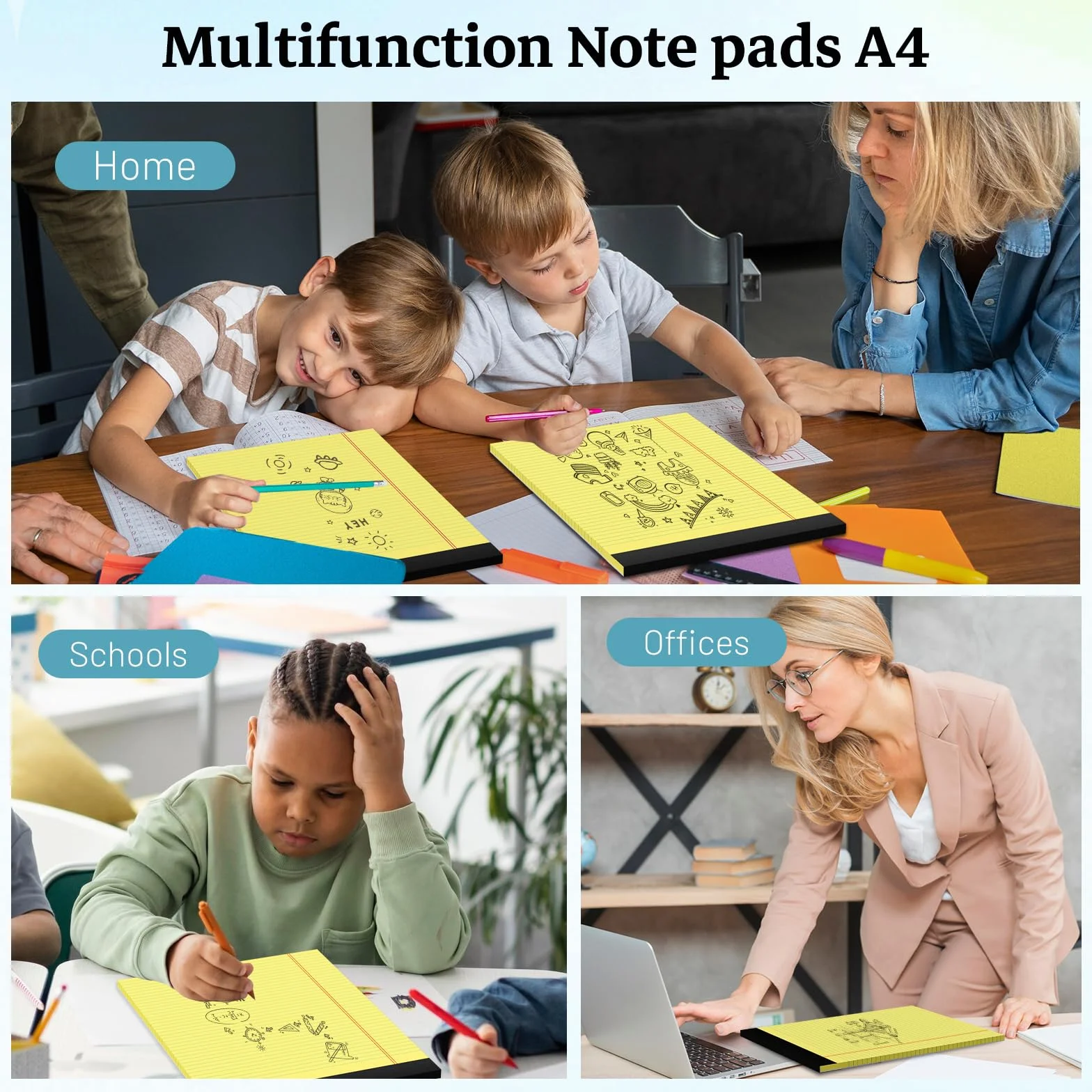 Blocs-notes A4 ligné 30 feuilles double face papier jaune lot de 6