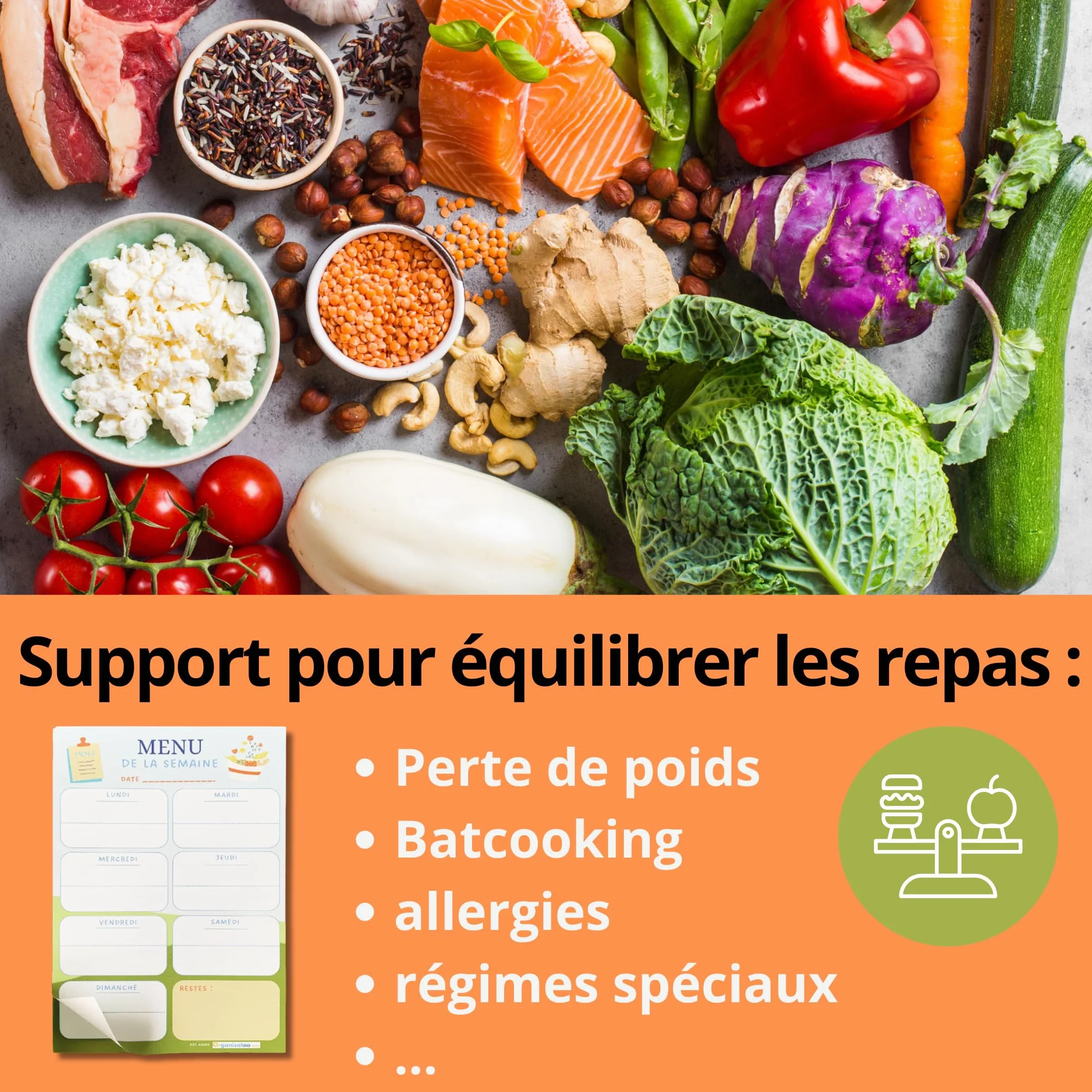 Bloc menu de la semaine - planificateur des repas hebdomadaire A5 - organisation quotidien 50 pages