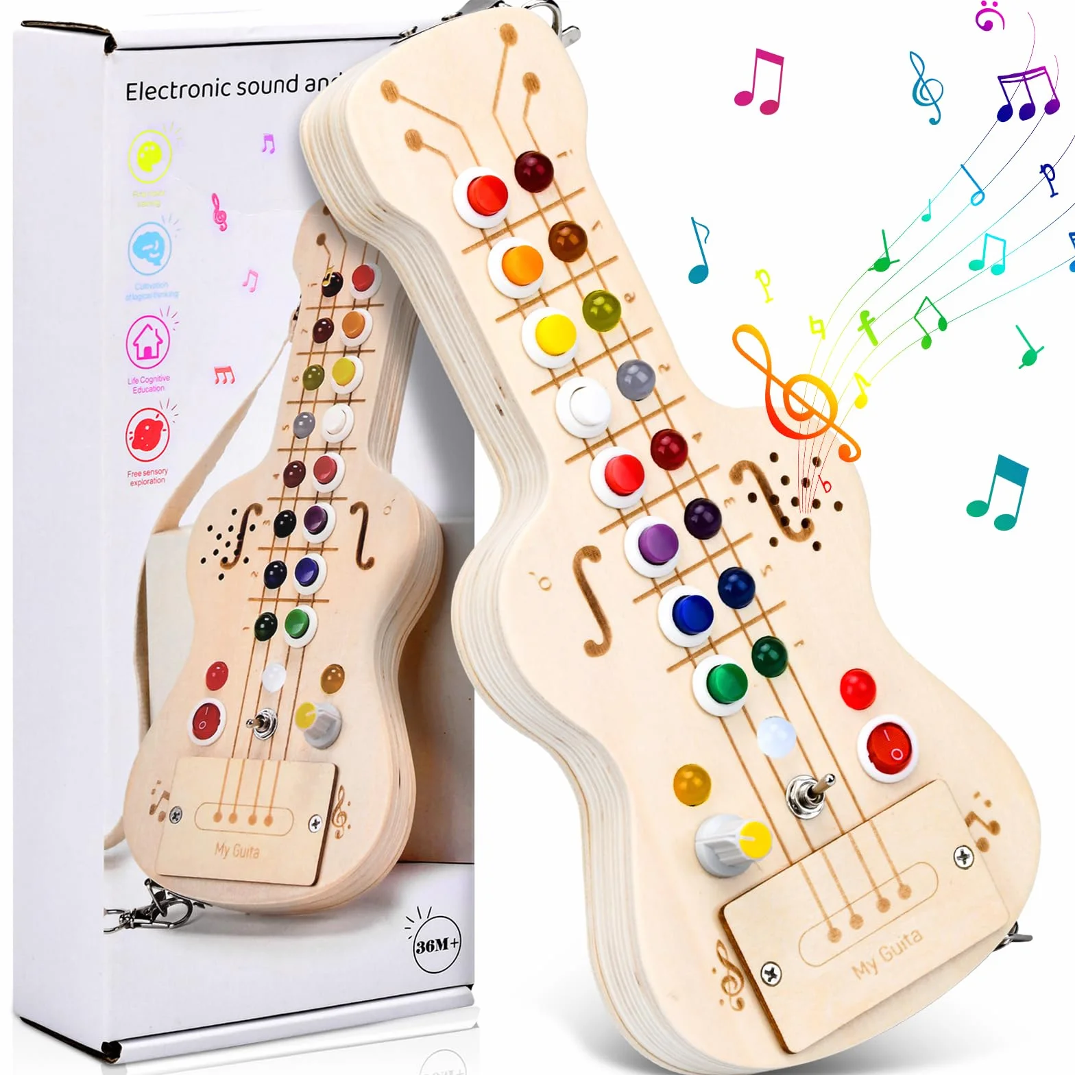 Busy Board Montessori Guitare Jouet Enfant avec Lumières LED et Boutons de Note Jouet en Bois Sensoriel pour 1-5 Ans