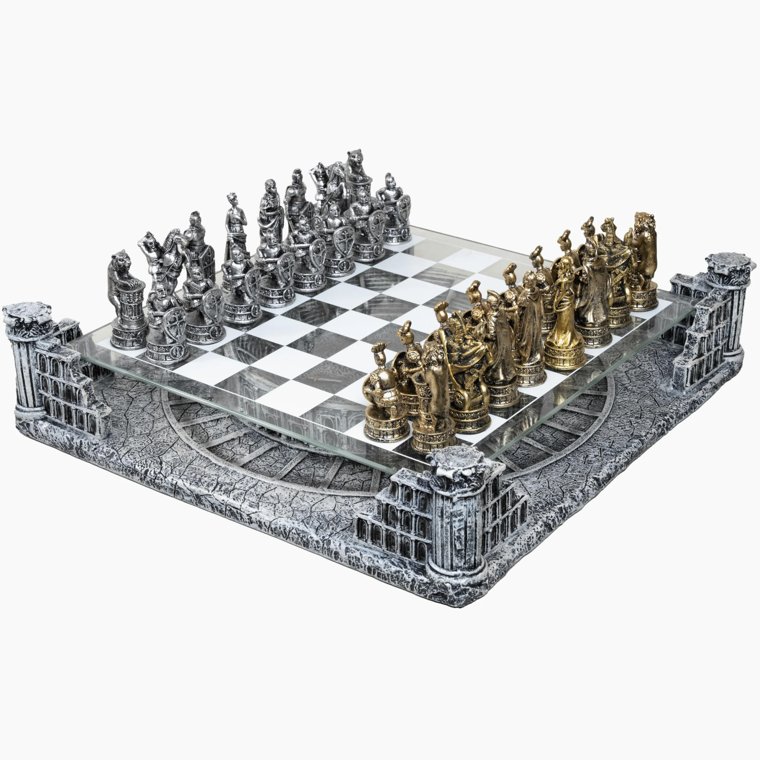 Échiquier Professionnel Rome Antique 40x40 cm avec Base Céramique | Plateau en Verre et Pièces d'Échecs en Résine Or et Argent - Jeu de Société Colisée et Empire Romain - Idée Cadeau