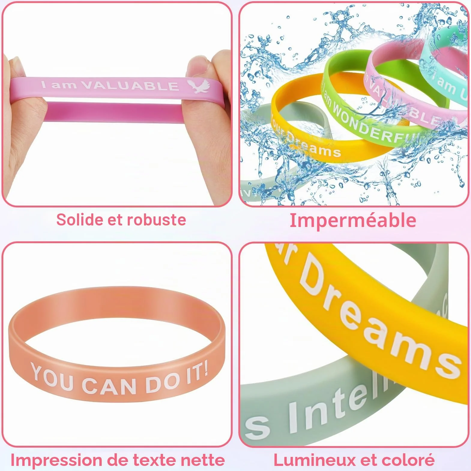 Bracelet en Silicone de Motivation 36 Pièces 20,2cm Couleurs avec Messages Positifs