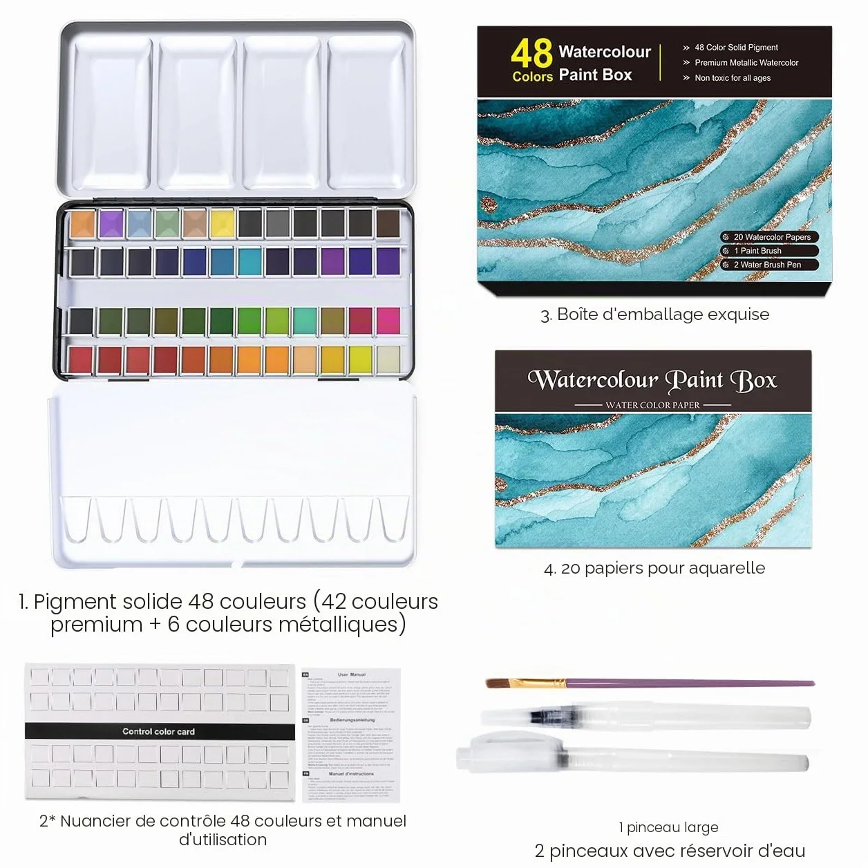 RATEL Ensemble de Peinture à l'Eau Aquarelle 48 Couleurs avec Pinceaux et Papier